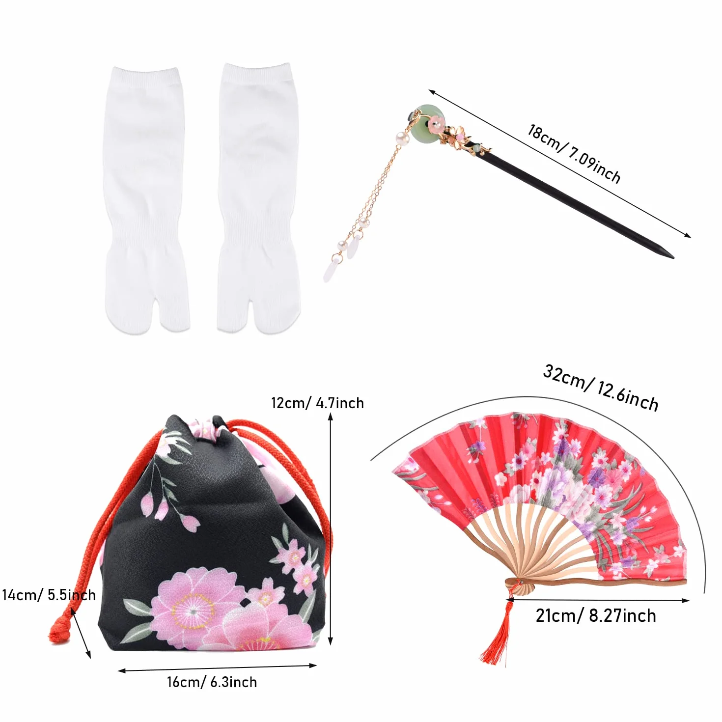 PLULON 5-częściowa japońska sukienka gejsza yukata, kwiatowy satynowy szlafrok kąpielowy ze sznurkiem, wachlarz, szpilka do włosów, zestaw skarpet Tabi dla kobiet