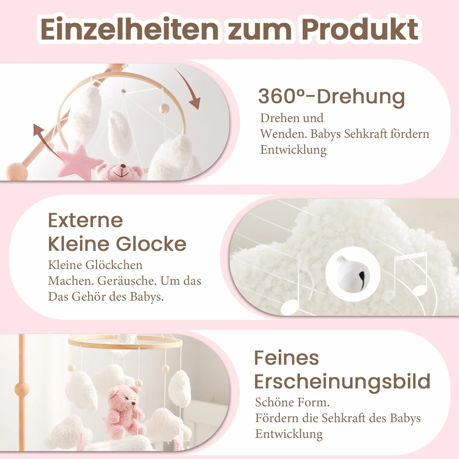 Herfair Mobile Baby Dzwonek do łóżeczka dziecięcego z pluszowym misiem, drewniany, do zawieszenia na łóżeczko dziecięce, różowy