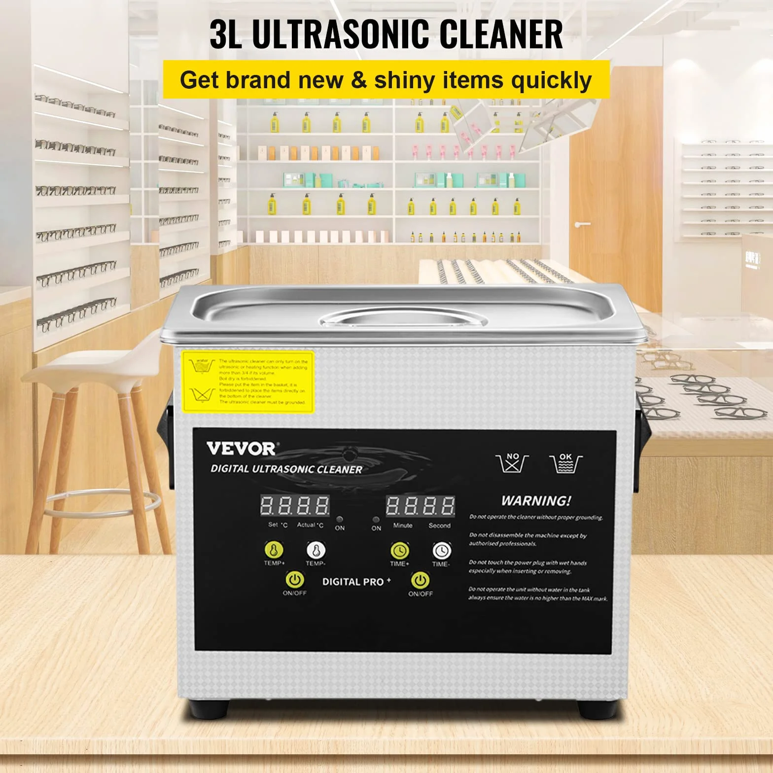 VEVOR Cyfrowa myjka ultradźwiękowa 3L 200W 120W stal nierdzewna z ogrzewaniem i timerem