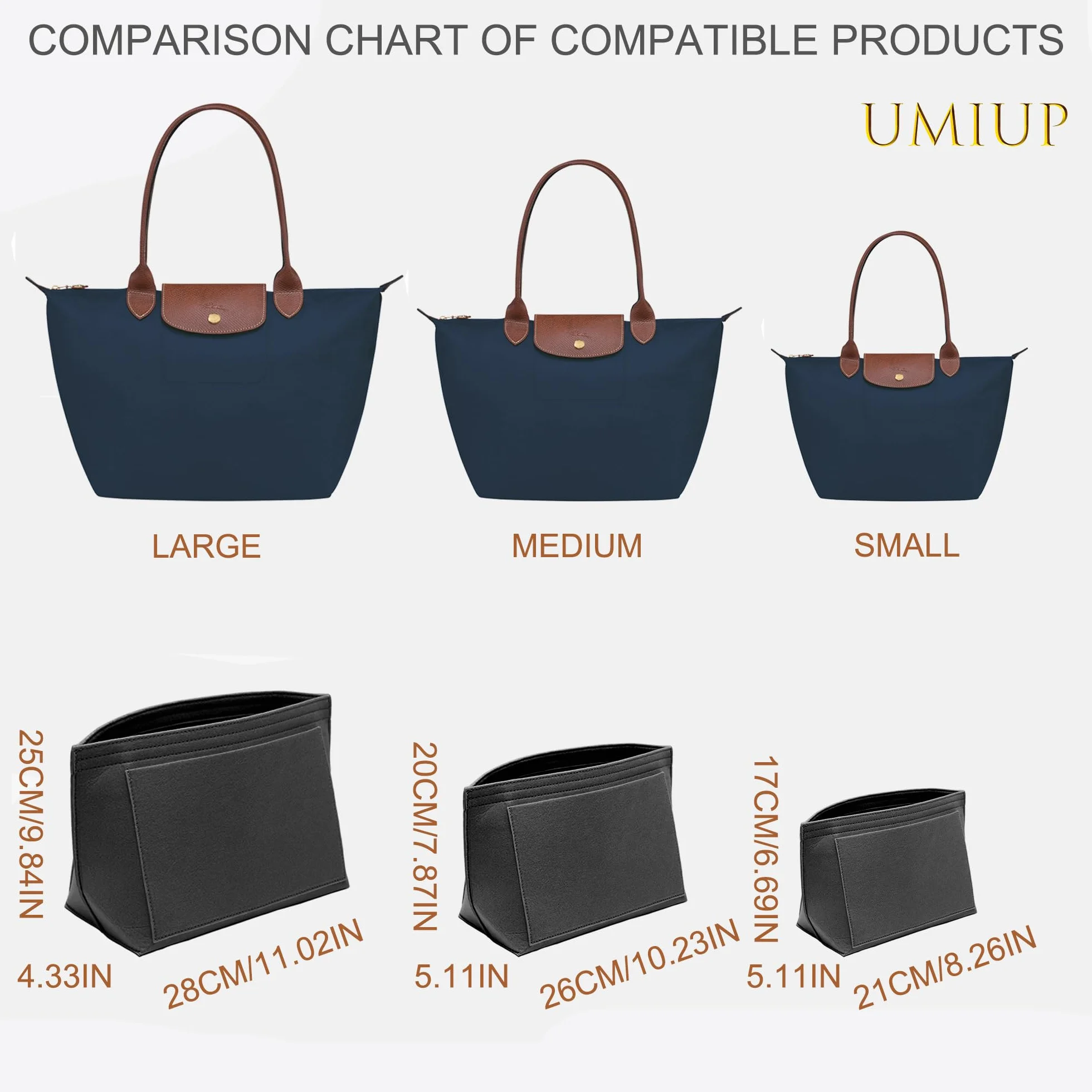 Wkładka do organizera Longchamp Le Pliage, średnia filcowa wkładka do torebki, organizer z zamkiem błyskawicznym, 8 kieszeni