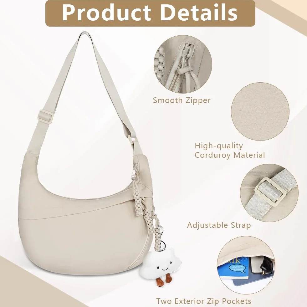 Aucuu Crossbody Bag damska torba na ramię, półksiężyc, torba na ramię, sztruksowa, na co dzień, z regulowanym paskiem na ramię, do pracy, na podróż, na co dzień