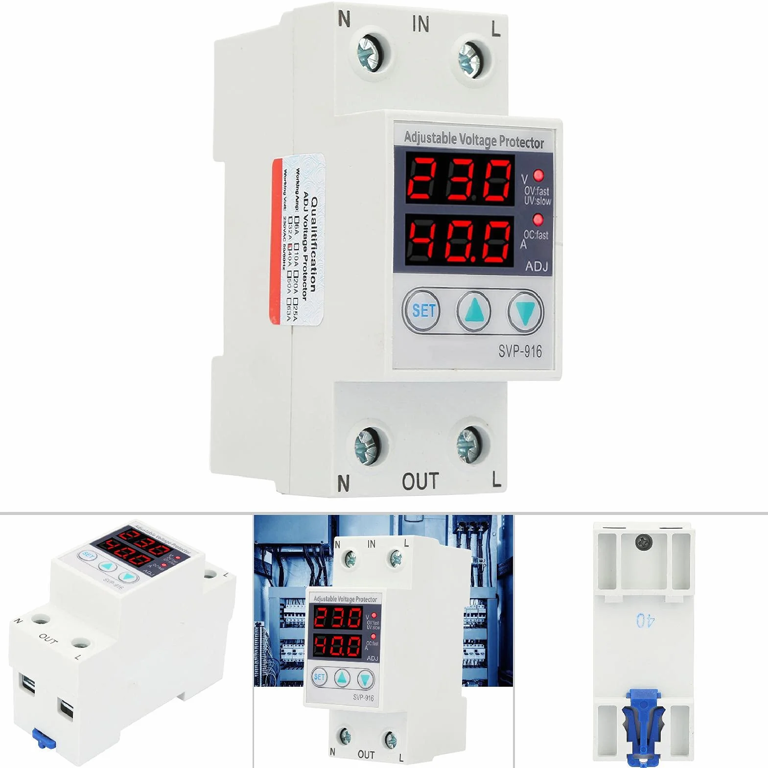 Przekaźnik Napięcia Jednofazowy 40A 230V AC z Zabezpieczeniem Przepięciem i Niskim Napięciem Montaż na Szynie DIN 50/60 Hz 2W