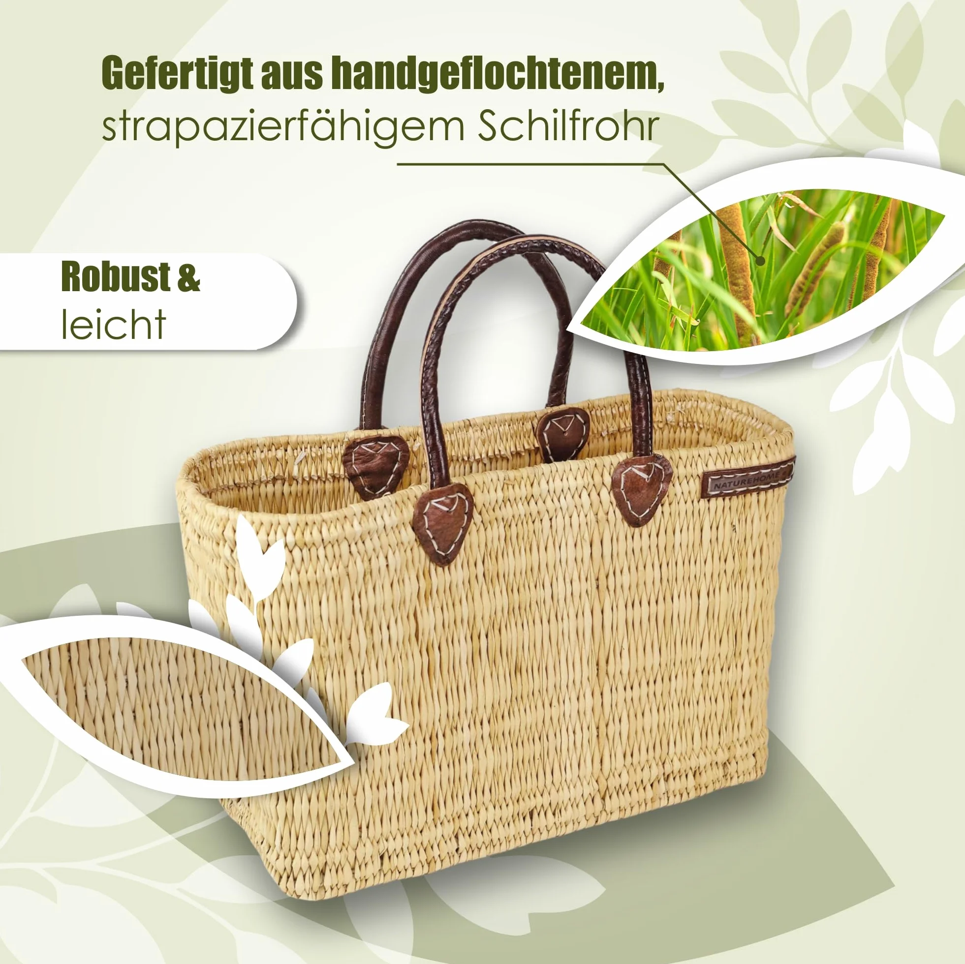 NATUREHOME Ręcznie plecione torby z trzciny i liści palmowych torba beachbag ze skórzanymi uchwytami naturalna torba łazienkowa, naturalny, Schilfrohrkorb M
