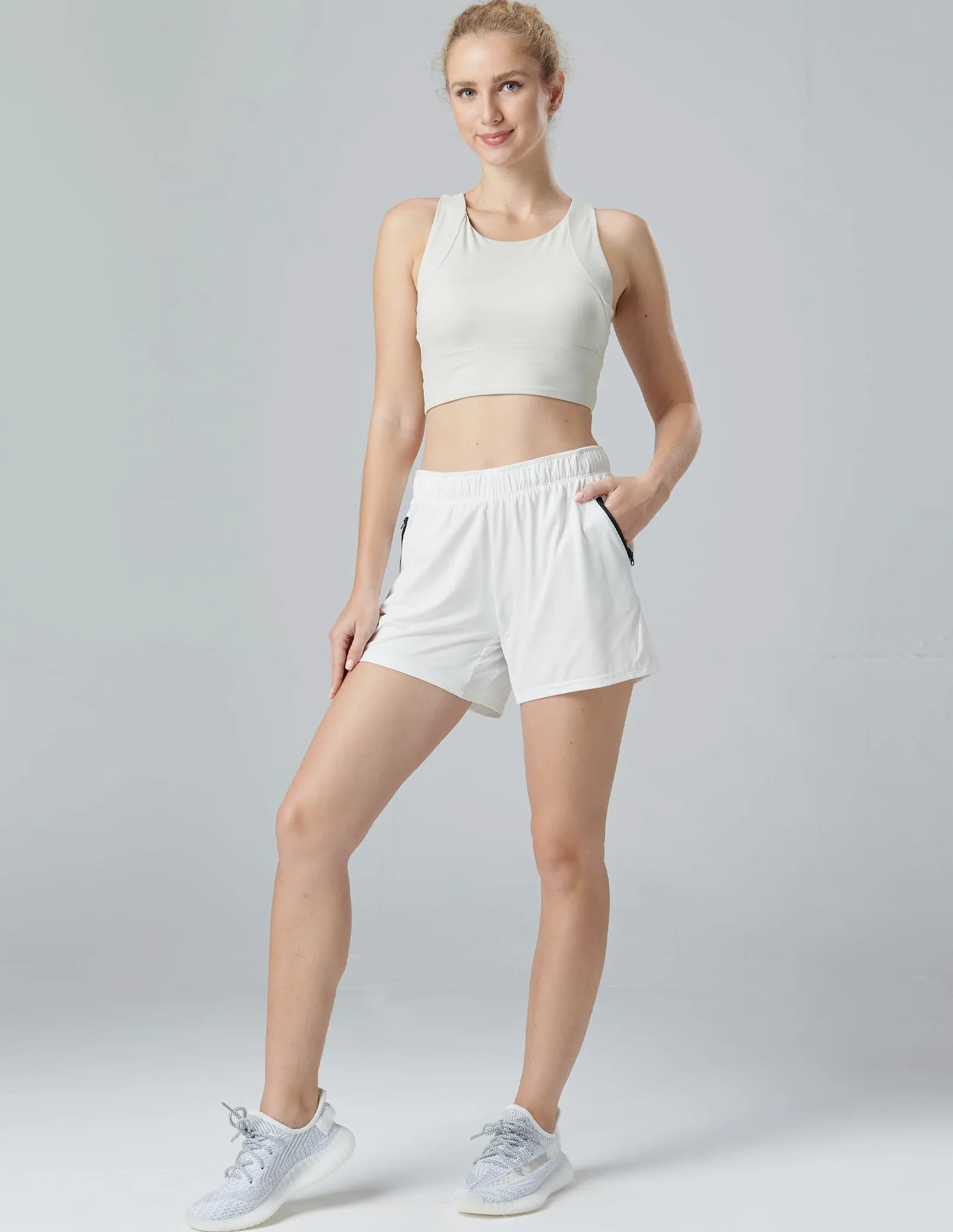Liberty Imports 1 lub 5 sztuk damskich szortów treningowych z kieszeniami na zamek błyskawiczny, wewnętrzne nogawki 12,5 cm, lekkie sportowe spodenki na co dzień, L