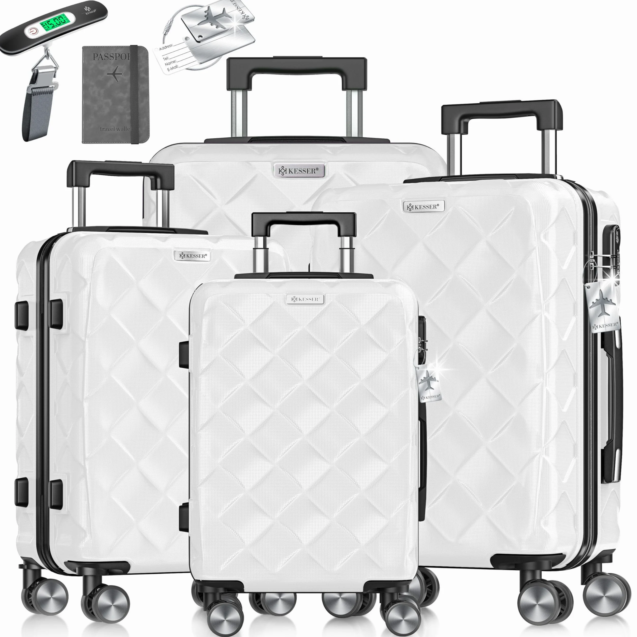 KESSER® Zestaw walizek podróżnych, 4-częściowy zestaw walizek z twardego tworzywa ABS, z zamkiem szyfrowym, wagą bagażową i przyczepą bagażową, kółkami 360°, bagaż podręczny i duża walizka do biznesu