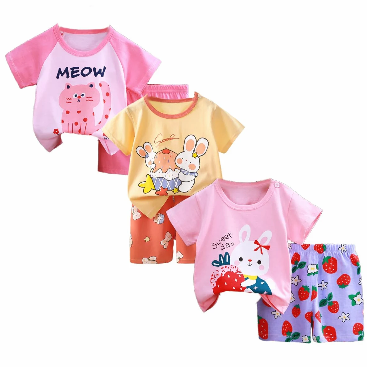 6-częściowy/3 zestawy dla chłopców z krótkim rękawem T-shirt i szorty zestaw miękki, 100% bawełna, oddychający wzór kreskówkowy z guzikami na ramiona, rozm. 73-130 0-7 lat