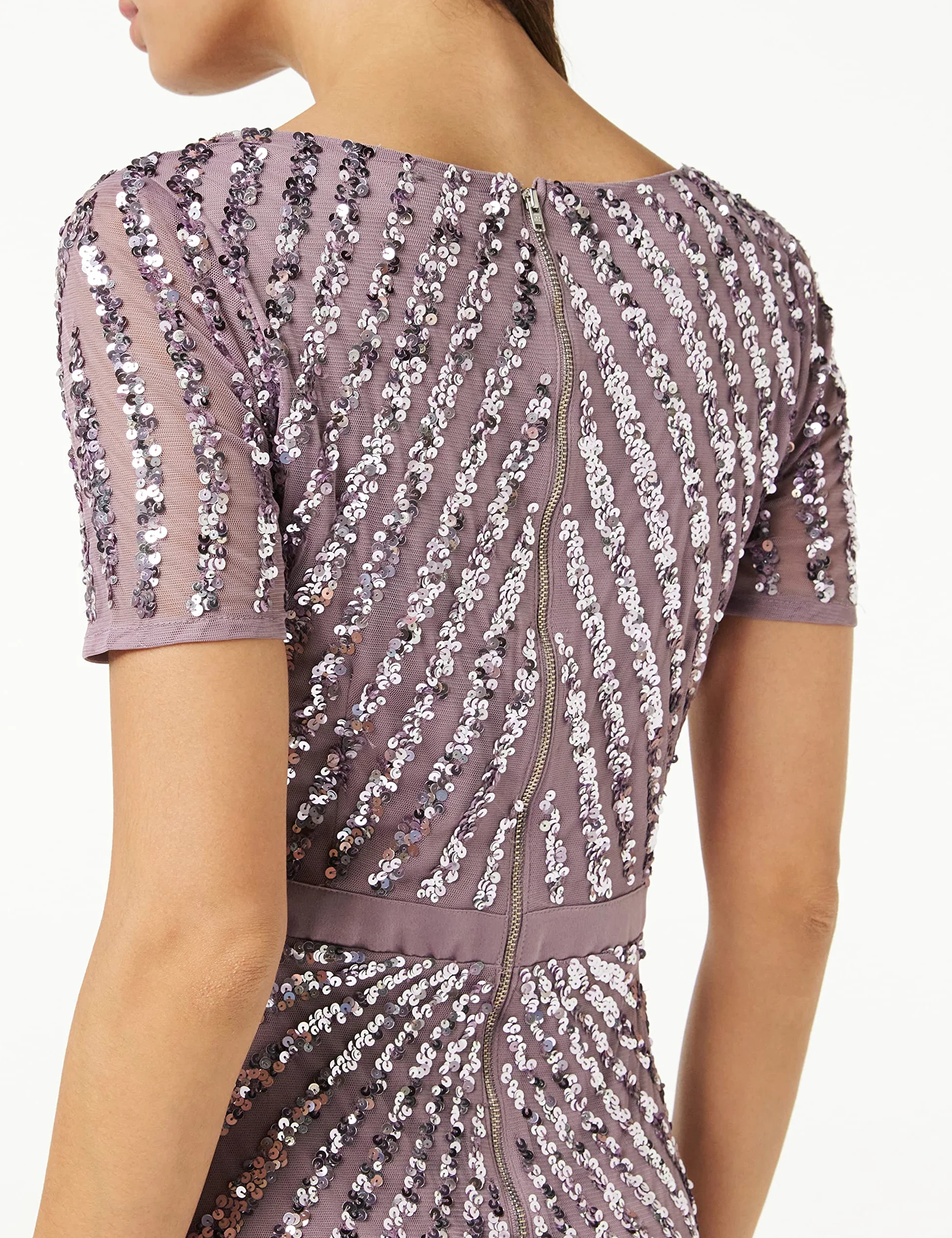 Maya Deluxe Damska sukienka maxi z cekinami z długim rękawem dekolt w serek wysoka talia krój błyszczący studniówka ślub druhna, Moody Lilac, 50