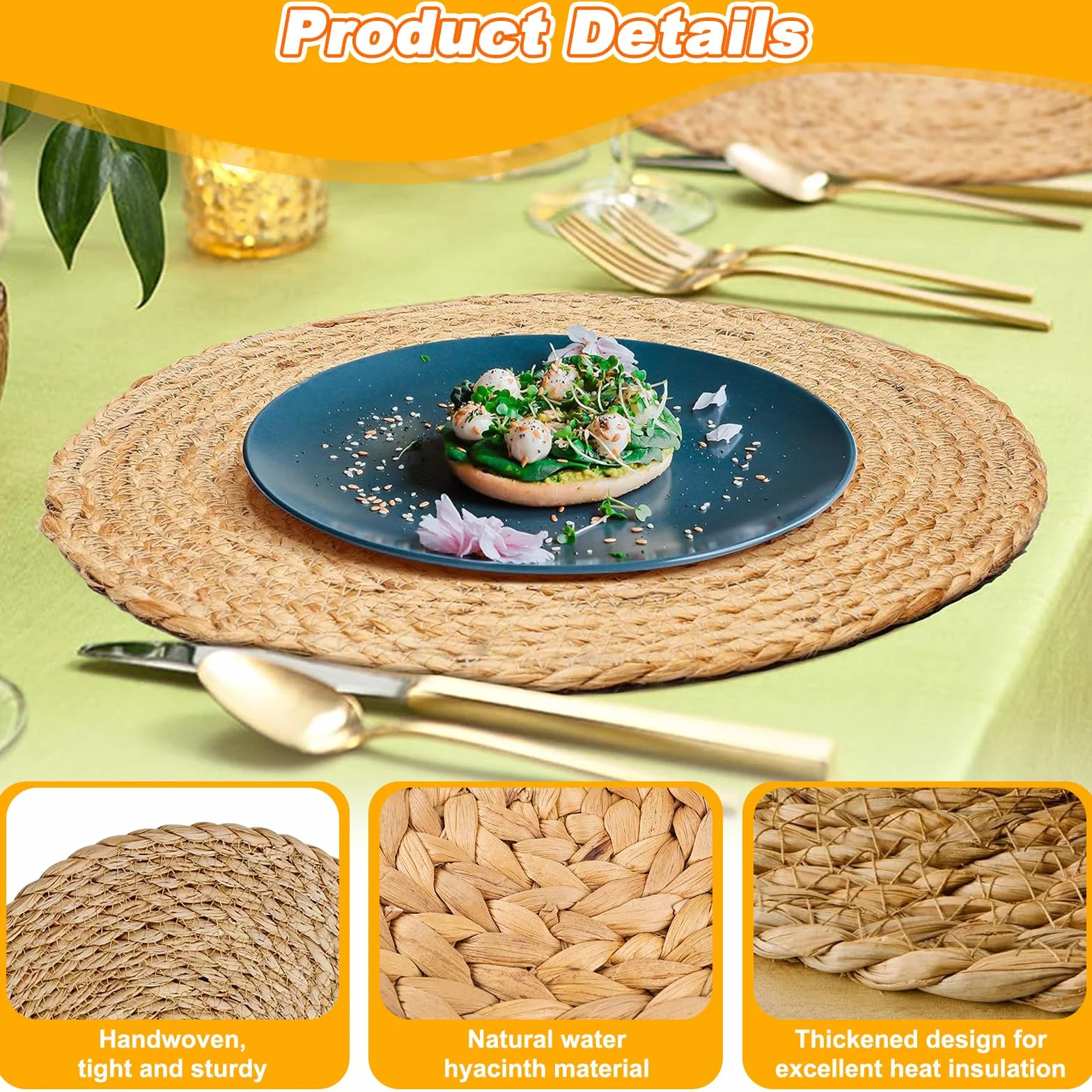 6 okrągłych podkładek z wikliny, okrągłe podkładki hiacynt wodny naturalna słoma 30 cm, pleciona podkładka okrągła boho elegancki stół stołowy na stół jadalny, dom, wesela