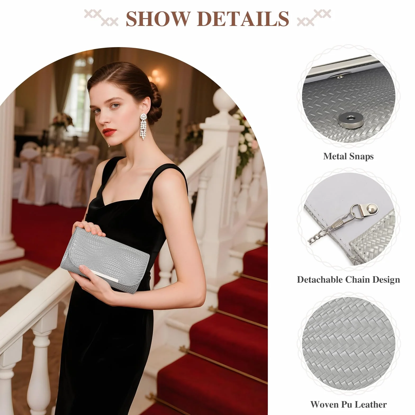 BAIGIO Clutch damska torebka wieczorowa ze skóry PU, elegancka torebka dla panny młodej, torebka na łańcuszek, na wesele, mała torba na ramię