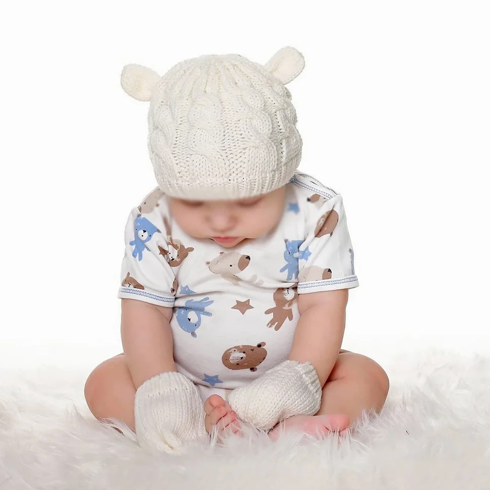 Dziewczęta Chłopcy Zimowa ciepła czapka z dzianiny Ucho Solidna, ciepła, śliczna rękawiczka 2 szt. Urocza czapka typu Beanie 0-18M