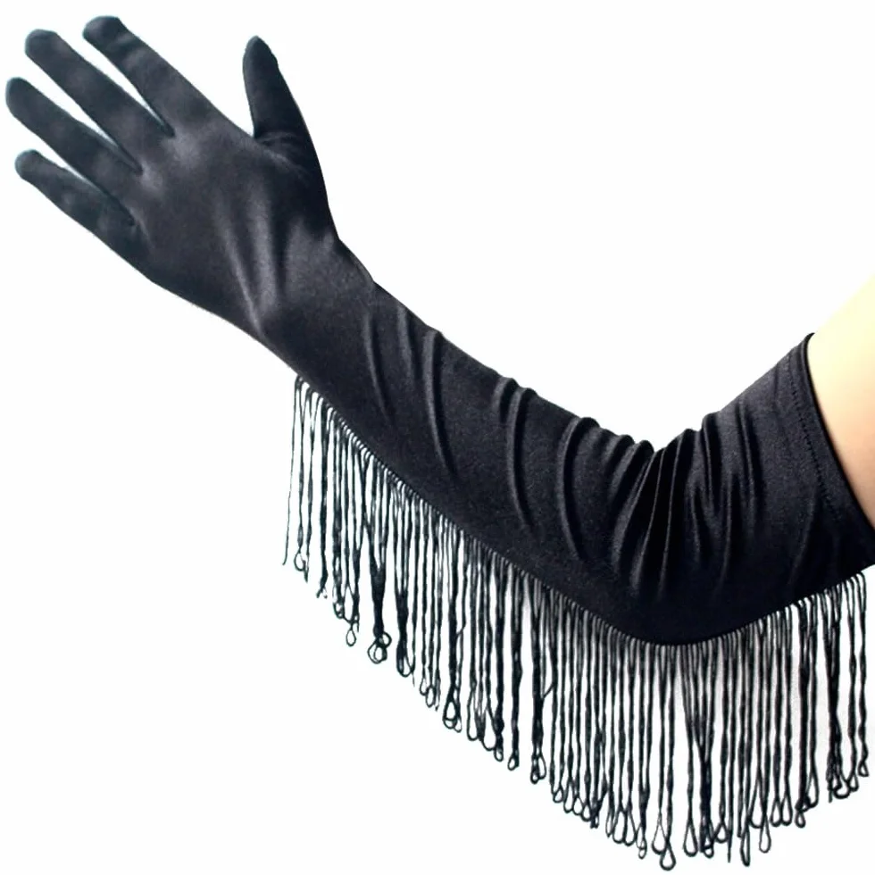 krautwear Damskie rękawiczki wieczorowe o długości do łokci satynowe rękawiczki z frędzlami (49 cm) - czerwony/czarny/biały