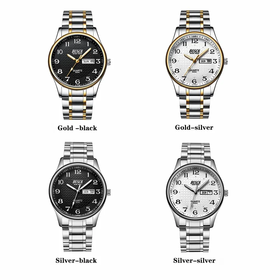 BOSCK Zegarek męski analogowy 40 mm stal nierdzewna wodoodporny z datą i dniem