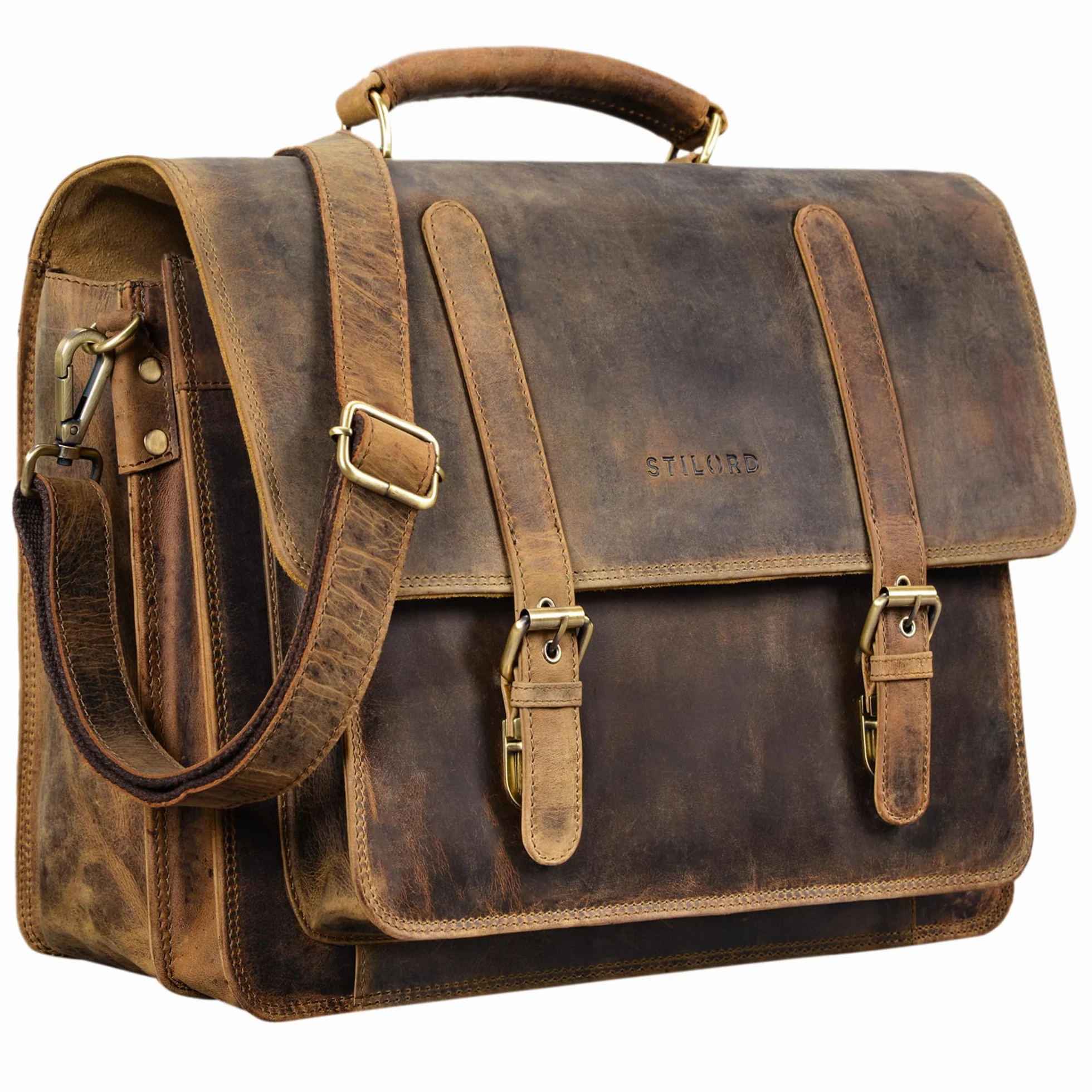 STILORD "Andro" teczka nauczycielska skórzana vintage torba na ramię z 14-calową przegrodą na laptopa torba biznesowa na szerokie pliki DIN A4 prawdziwa skórzana teczka Kolor:średni brąz