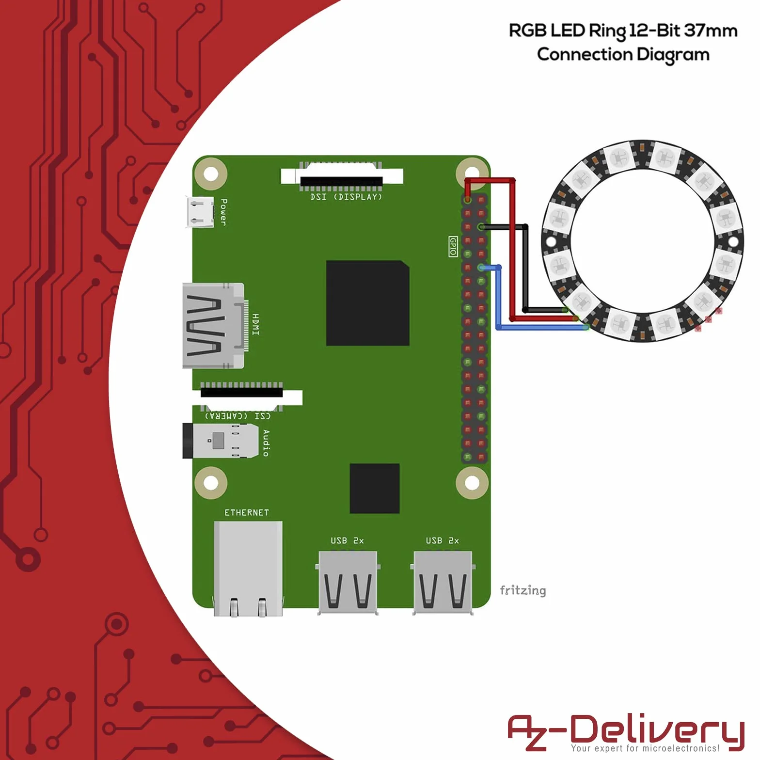 AZDelivery 5V RGB LED Ring Compatible with WS2812B 12-Bit 37mm kompatybilny z Arduino w tym E-Book!