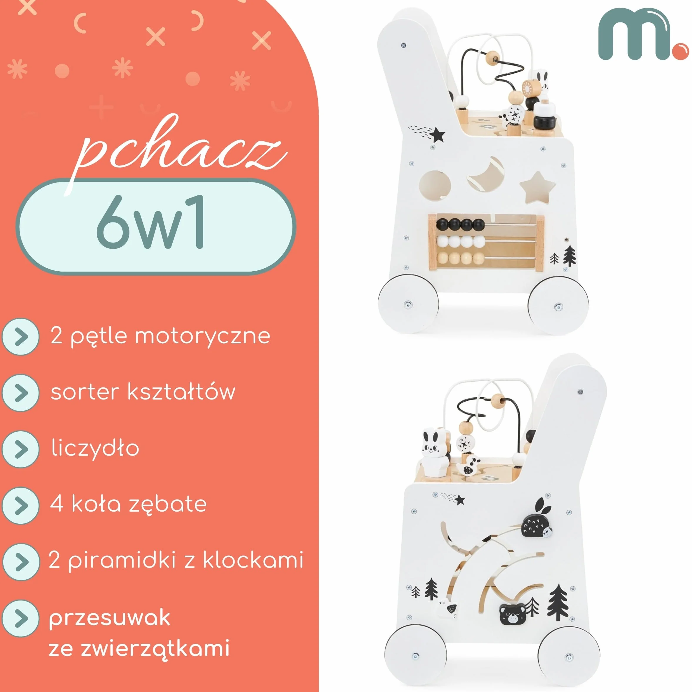 Mamabrum Drewniany Pchacz dla Dzieci 6w1, Chodzik Dziecięcy z Funkcją Stolika Edukacyjnego, Zabawki do Wczesnej Edukacji, Pętla Motoryczna, Liczydło, Sorter, Klocki, Antypoślizgowe Koła biały