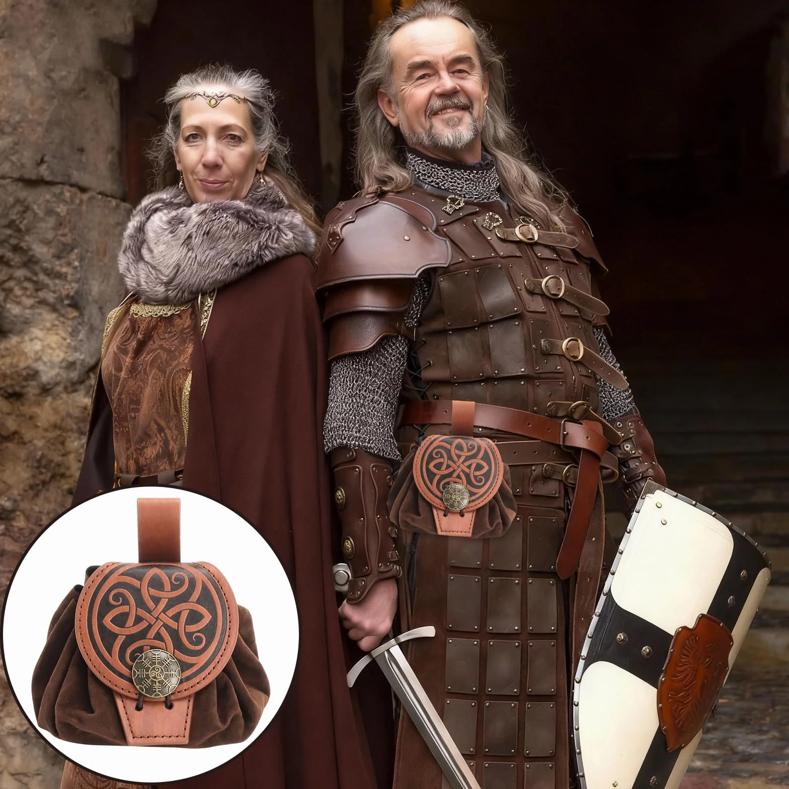 Torba na pasek średniowieczna torba, brązowa torba na pasek ze sznurkiem i regulowanym mocowaniem, dla mężczyzn i kobiet, skórzana torba nadaje się na cosplay, imprezy, festiwale i do noszenia na co