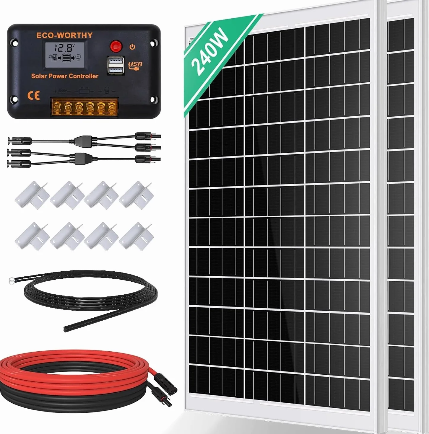 ECO-WORTHY Monokrystaliczny panel słoneczny, ogniwo słoneczne 240 W, zawiera moduł solarny 12 V + regulator ładowania 30 A + kabel 5 m + klamry do kamperów