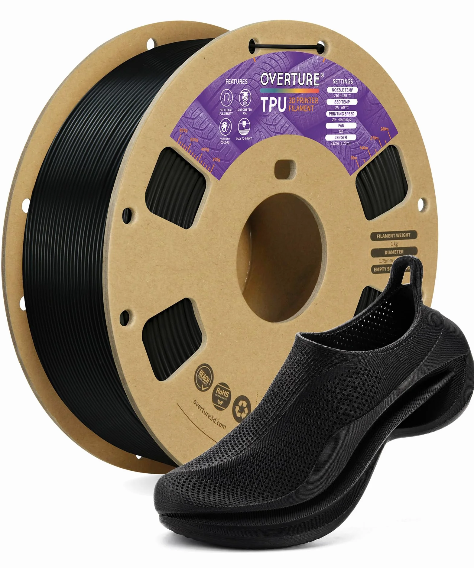 OVERTURE TPU Filament 1.75mm Flexible TPU Roll, 95A Soft 3D Printer Filament, 1kg Spool (2.2 lbs), Dimensional Accuracy +/- 0.02 mm (Black)