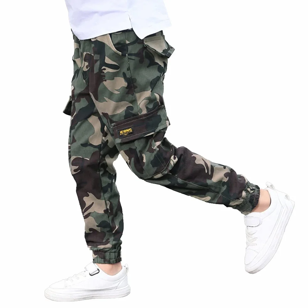 Rolanko Camouflage spodnie dla chłopców, dzieci, spodnie cargo z kieszeniami z elastycznym ściągaczem