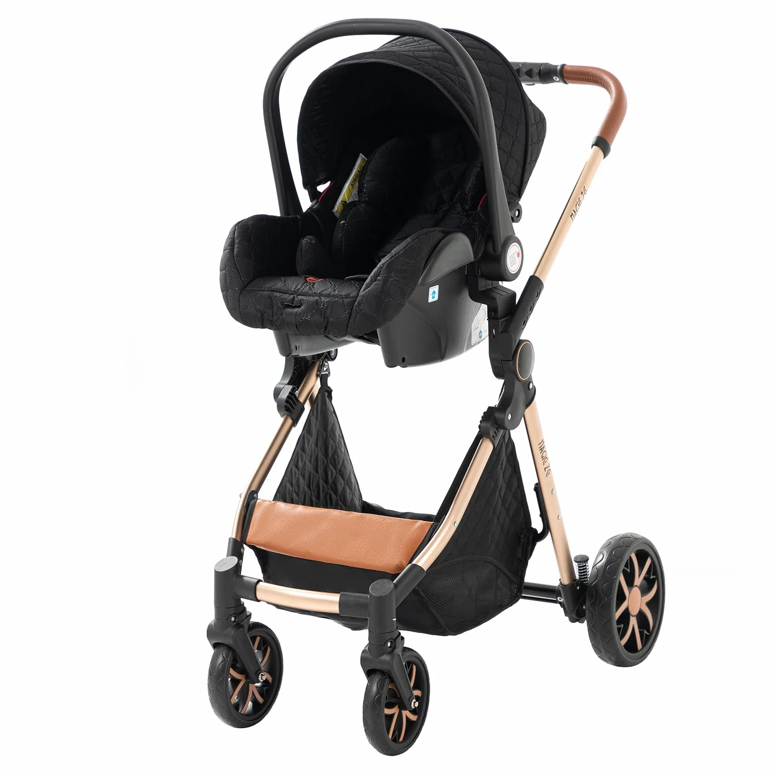 MoLi Trio, wózek dziecięcy 3 w 1, podwójny tryb push, duża gondola dla niemowląt, składany aluminiowy wózek (225 Black Gold)
