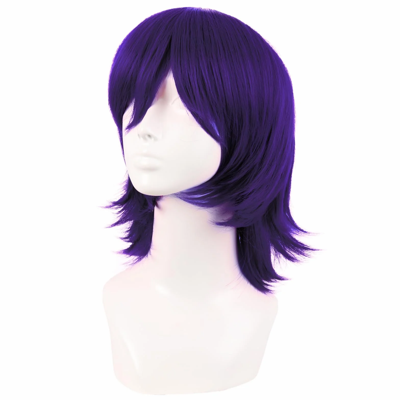 MapofBeauty 35 cm/14 cali krótka peruka cosplay z ogonem wilka, syntetyczna z przedziałkiem, grzywka na imprezę (ciemny fiolet)