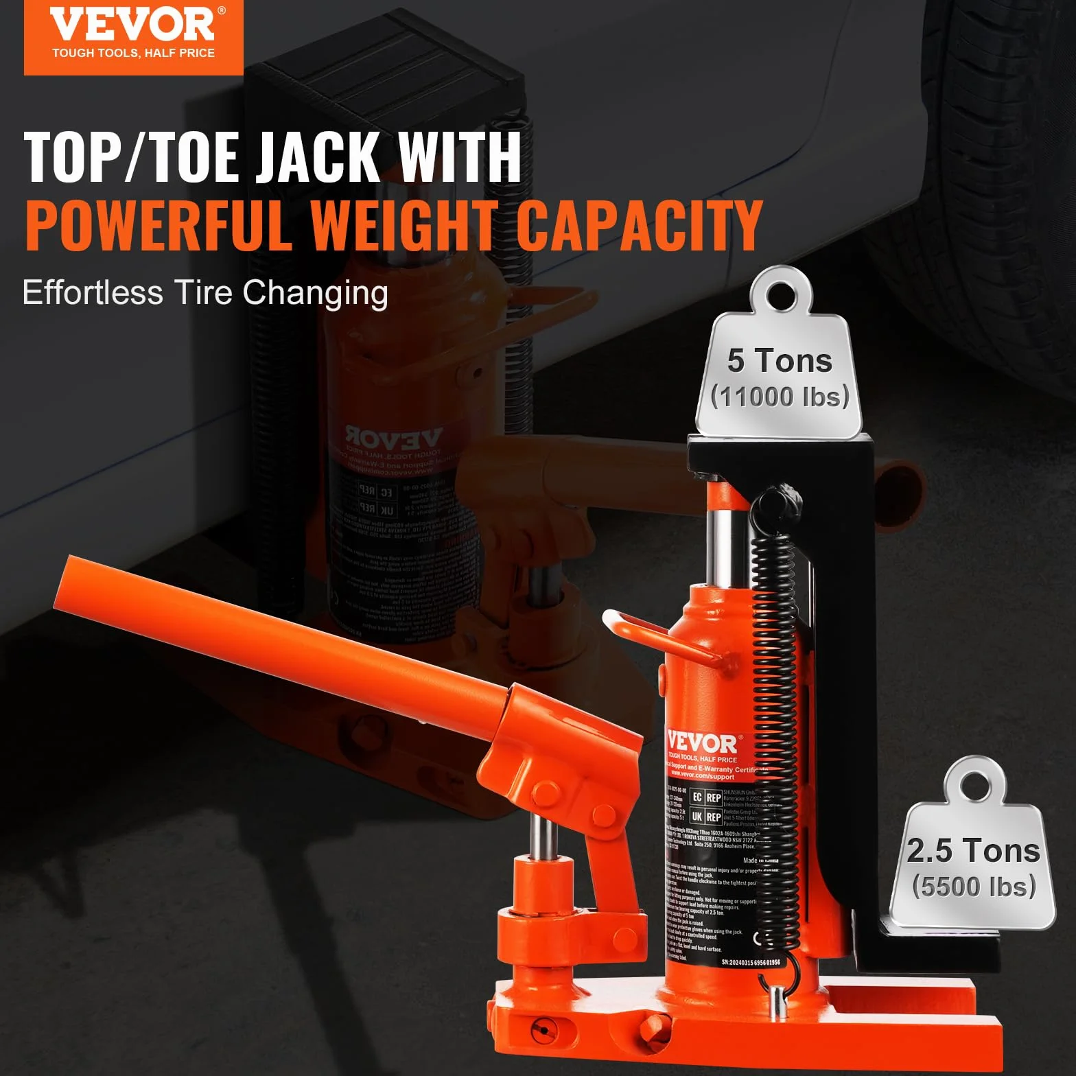 VEVOR Hydrauliczny Podnośnik Palcowy, 2,5 Tony, Udźwig 5 Ton, Wysokość 2-13,5 cm, Górna 22,6-34 cm, Do Maszyn