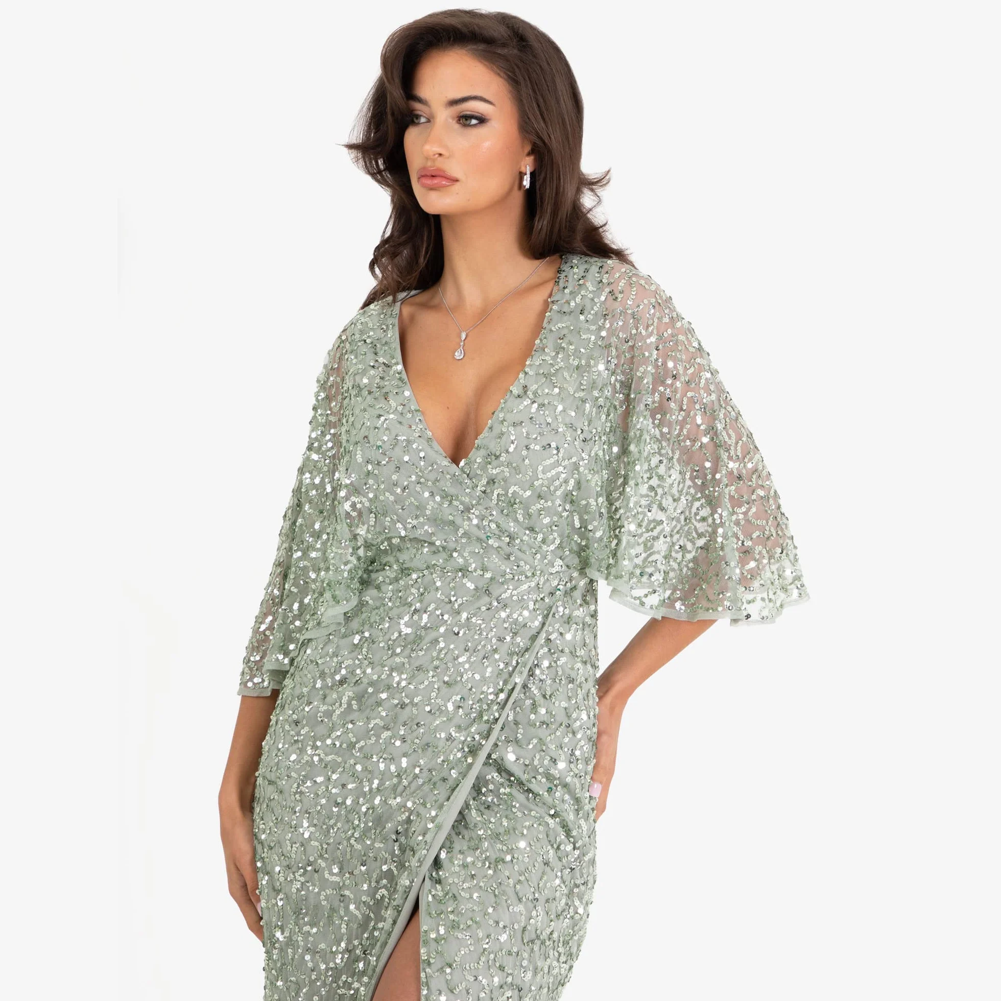 Maya Deluxe Sukienka Kobiety Womens Midi Dress Ladies Sequin Embellished Cape Sleeve Wrap Dress For Wedding Guest Bridesmaid Cocktail Prom Evening