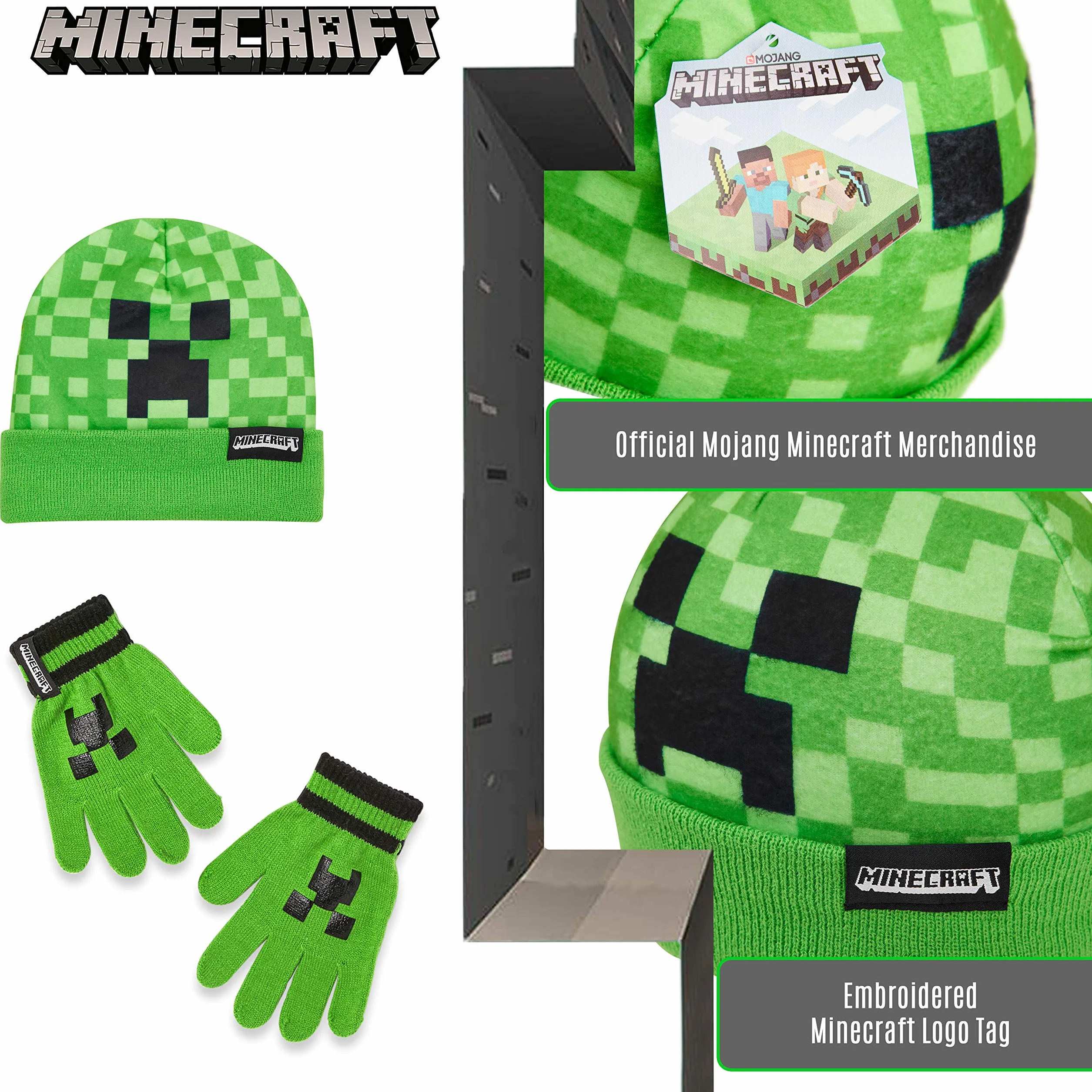 Minecraft Chłopcy Czapka czapki i rękawiczki ustawione dla chłopców i dziewcząt, Jeden Rozmiar 2 -częściowy zestaw