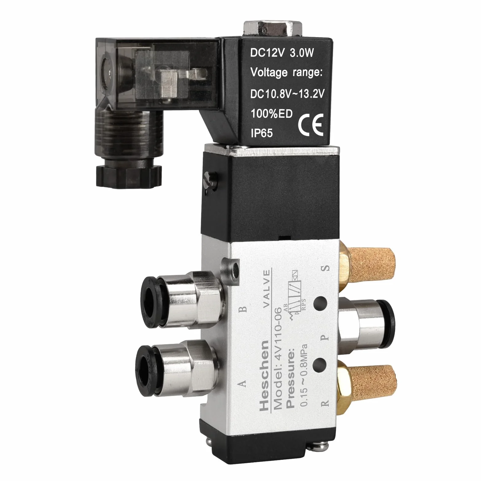 Heschen Elektryczny pneumatyczny zawór elektromagnetyczny 4V110-06 24VDC PT1/8 5-drożny 2-pozycyjny pojedynczy cewka sterowany pilotem elektryczny CE ze złączkami i tłumikiem (24 V DC)
