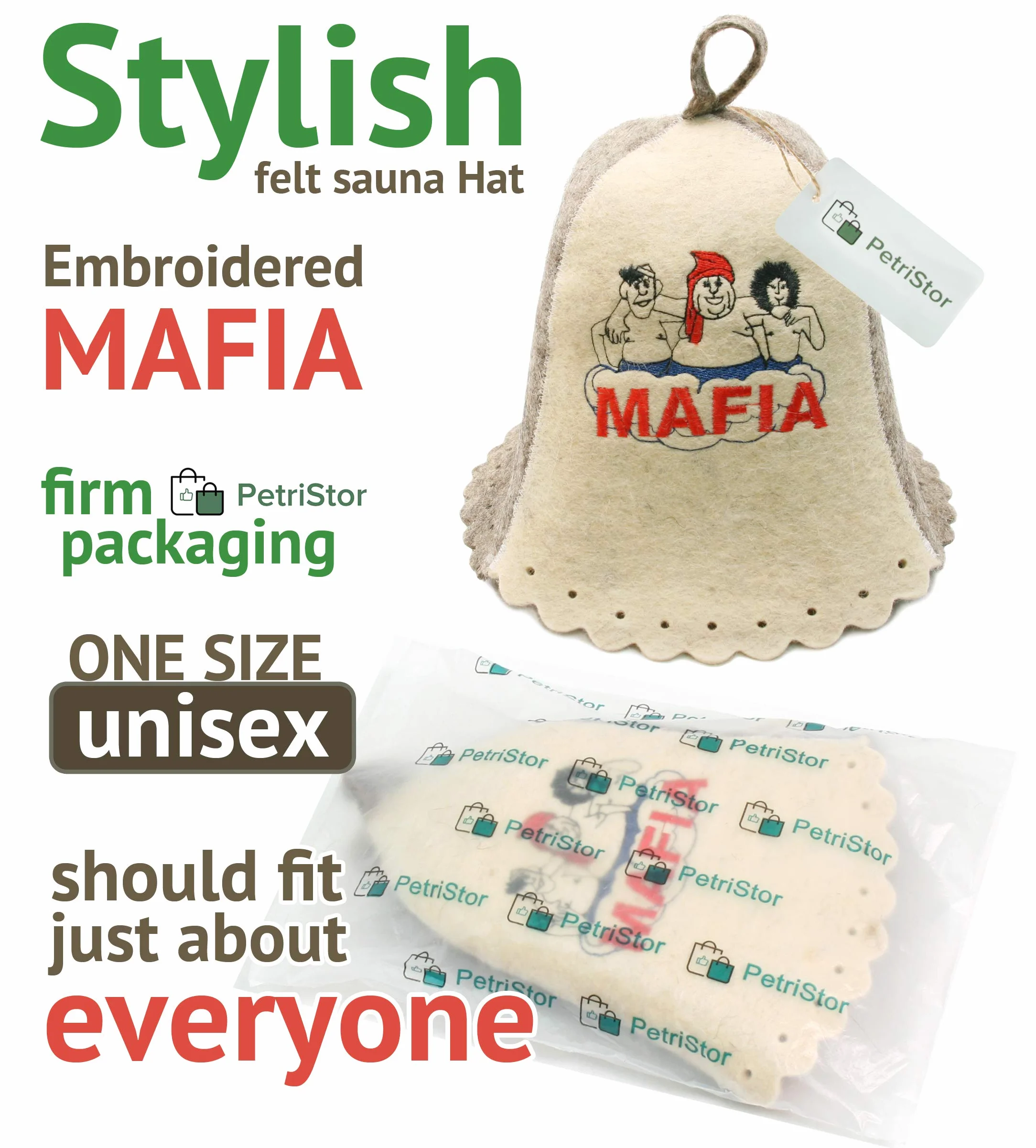 PetriStor Sauna Hat Embroidered Mafia for Man Natural Felt Made in Ukraine