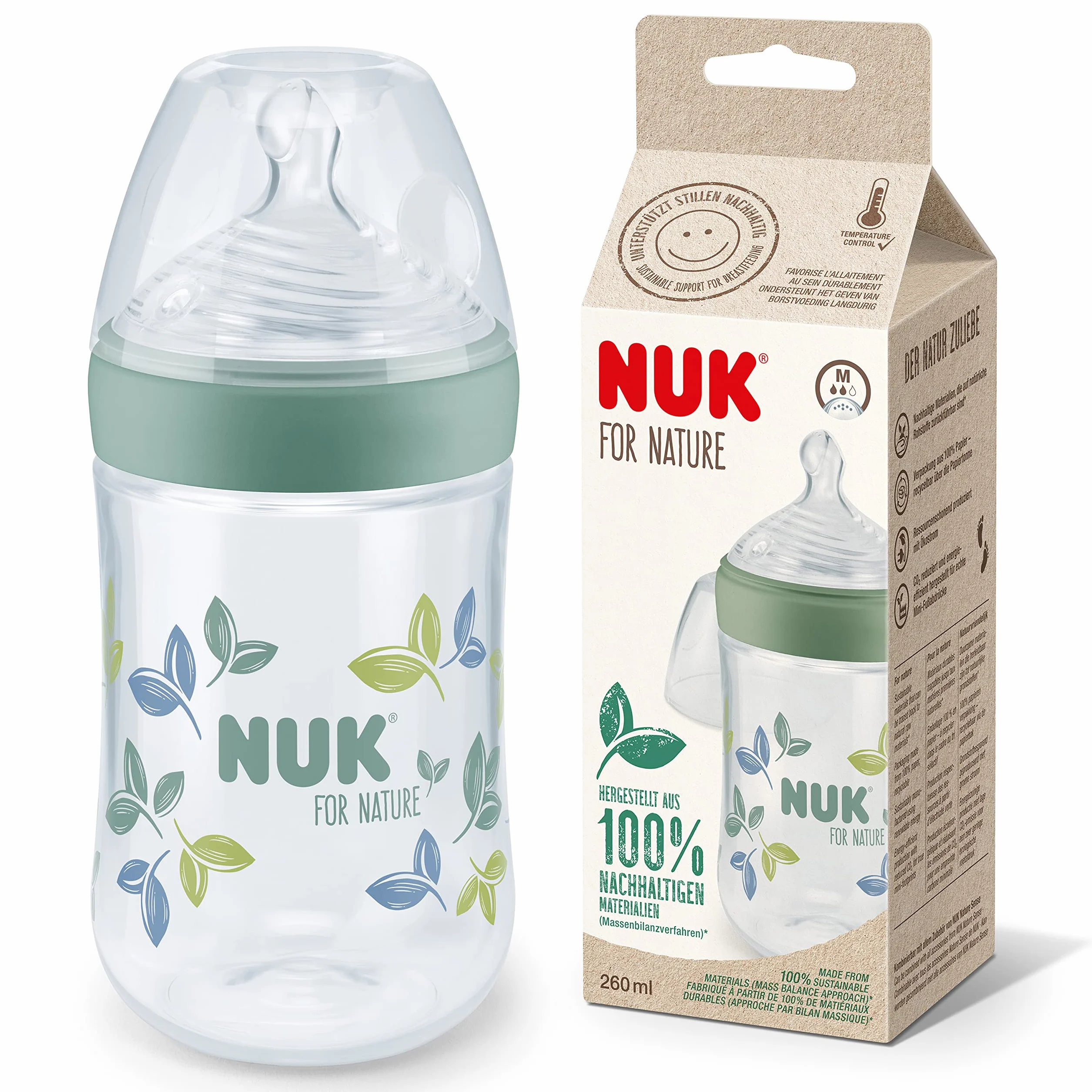 NUK for Nature Butelka dla niemowląt, średniej wielkości, 260 ml, trwały silikonowy smoczek z antykolkową wentylacją, regulacja temperatury, bez BPA, zielony