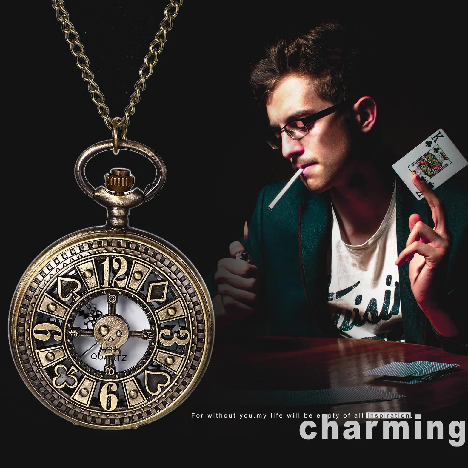 JewelryWe zegarek męski damski retro 76 cm:Vintage Poker kieszonkowy, naszyjnik fantazyjny do przebrania-kostiumu, prezent dla mężczyzn i kobiet