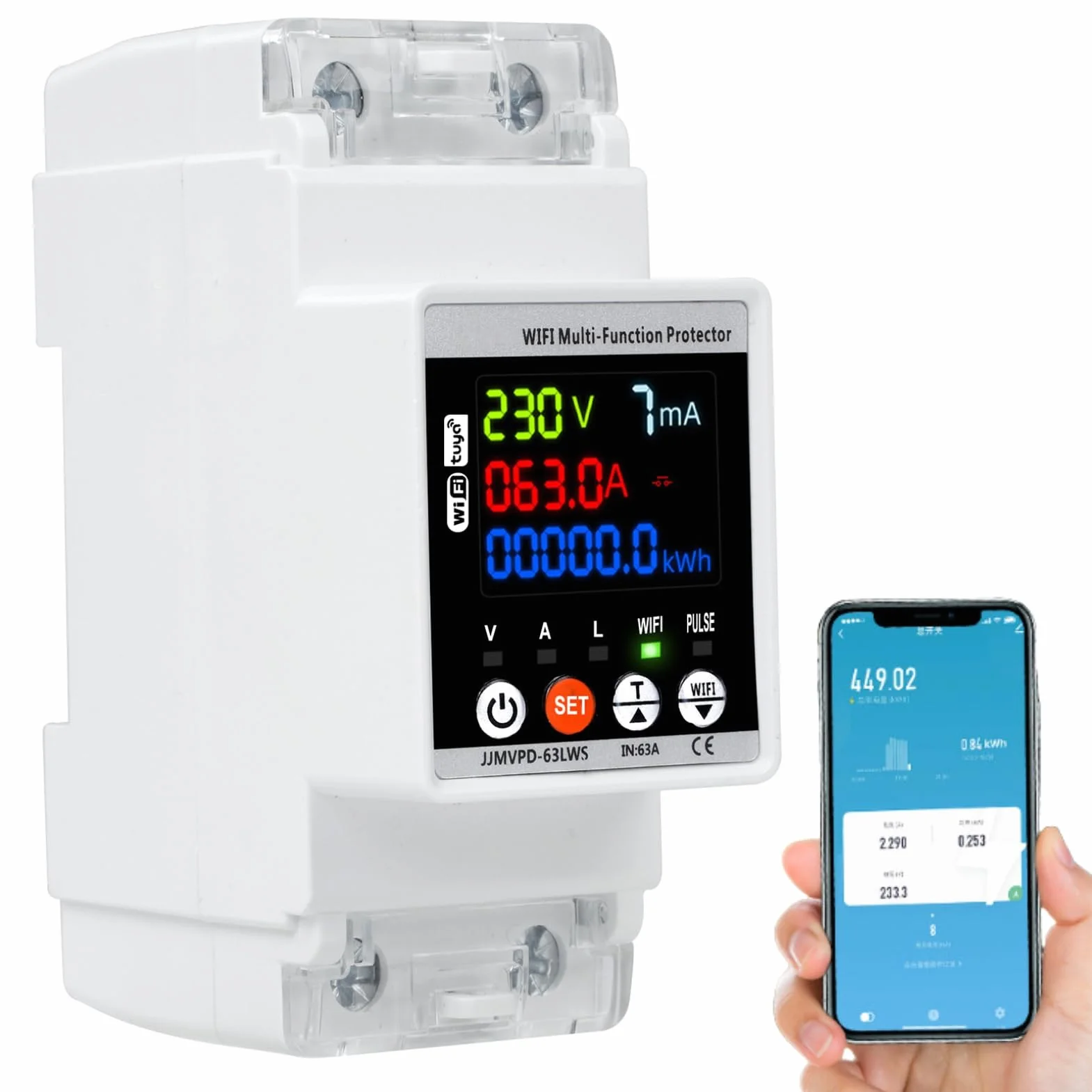 Jadeshay Stabilizator napięcia 220 V, 63 A 230 V, ochrona przeciwprzepięciowa WiFi na szynie DIN z kolorowym ekranem(WiFi)