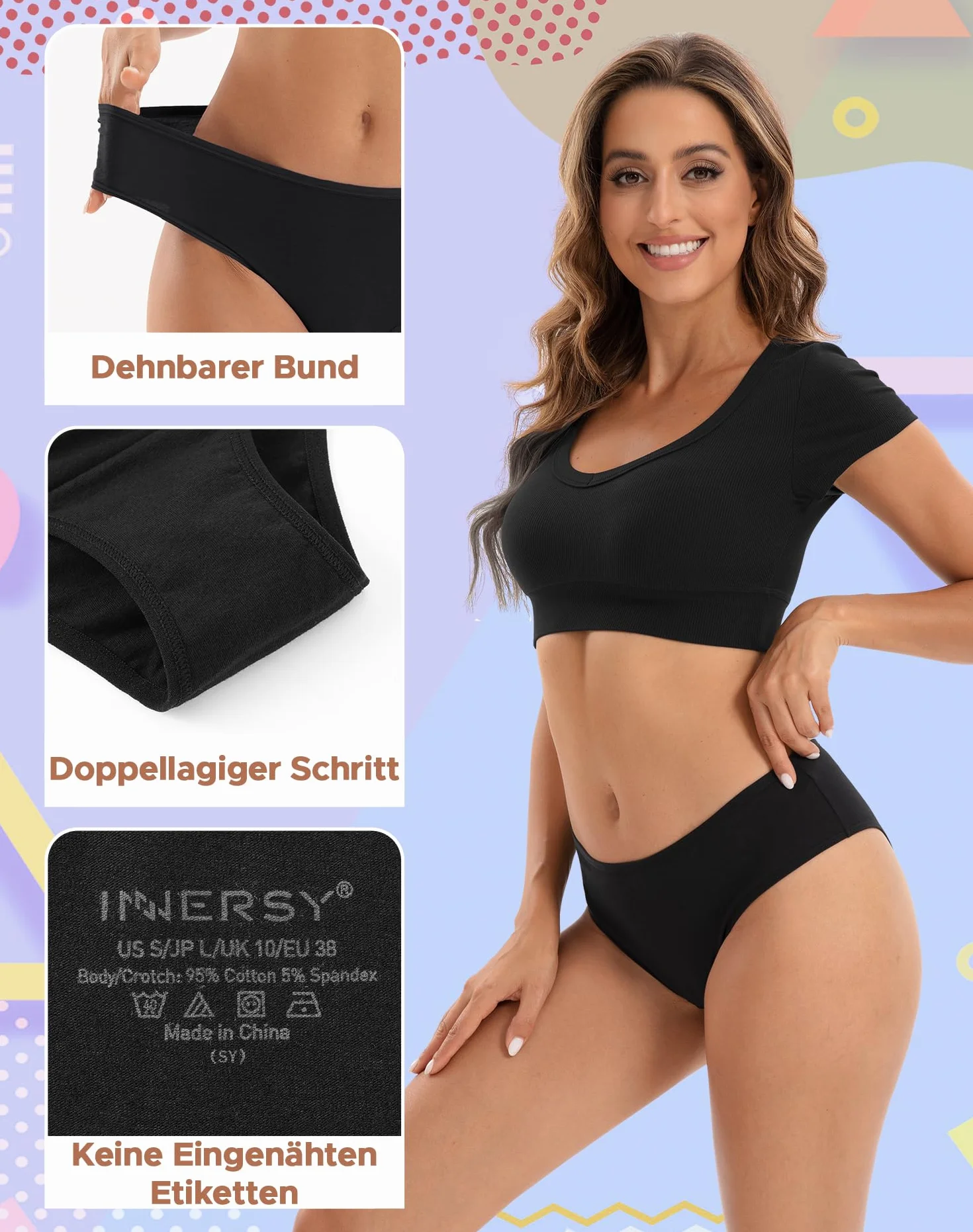 INNERSY Majtki damskie, bawełna, średnia talia, hipsterska, bielizna damska, bikini, 6 sztuk w opakowaniu