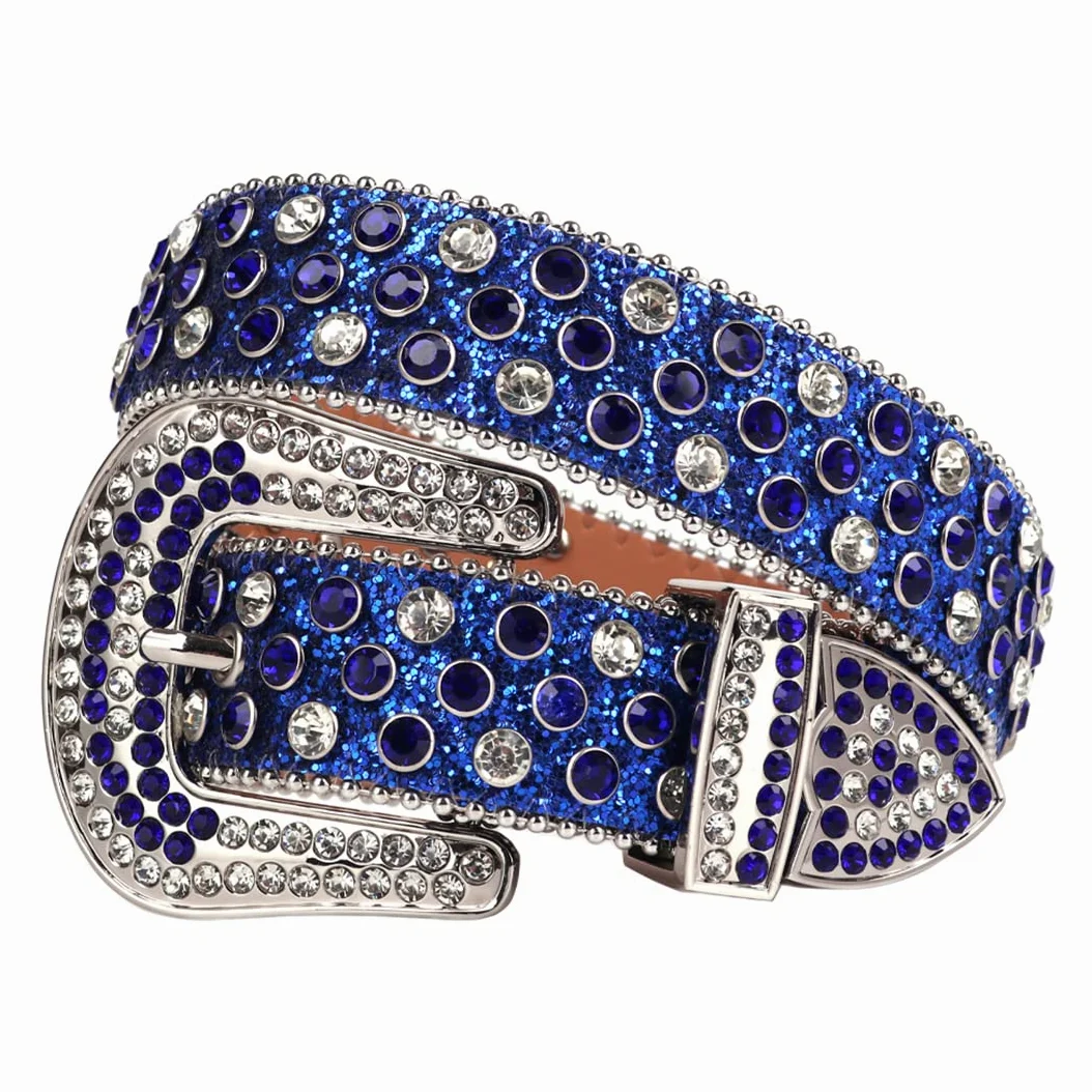 Moda Western Bling kryształ górski pasek kolorowy diament luksusowy sznurek z ćwiekami pasek damski męski do dżinsów niebieski 112 cm