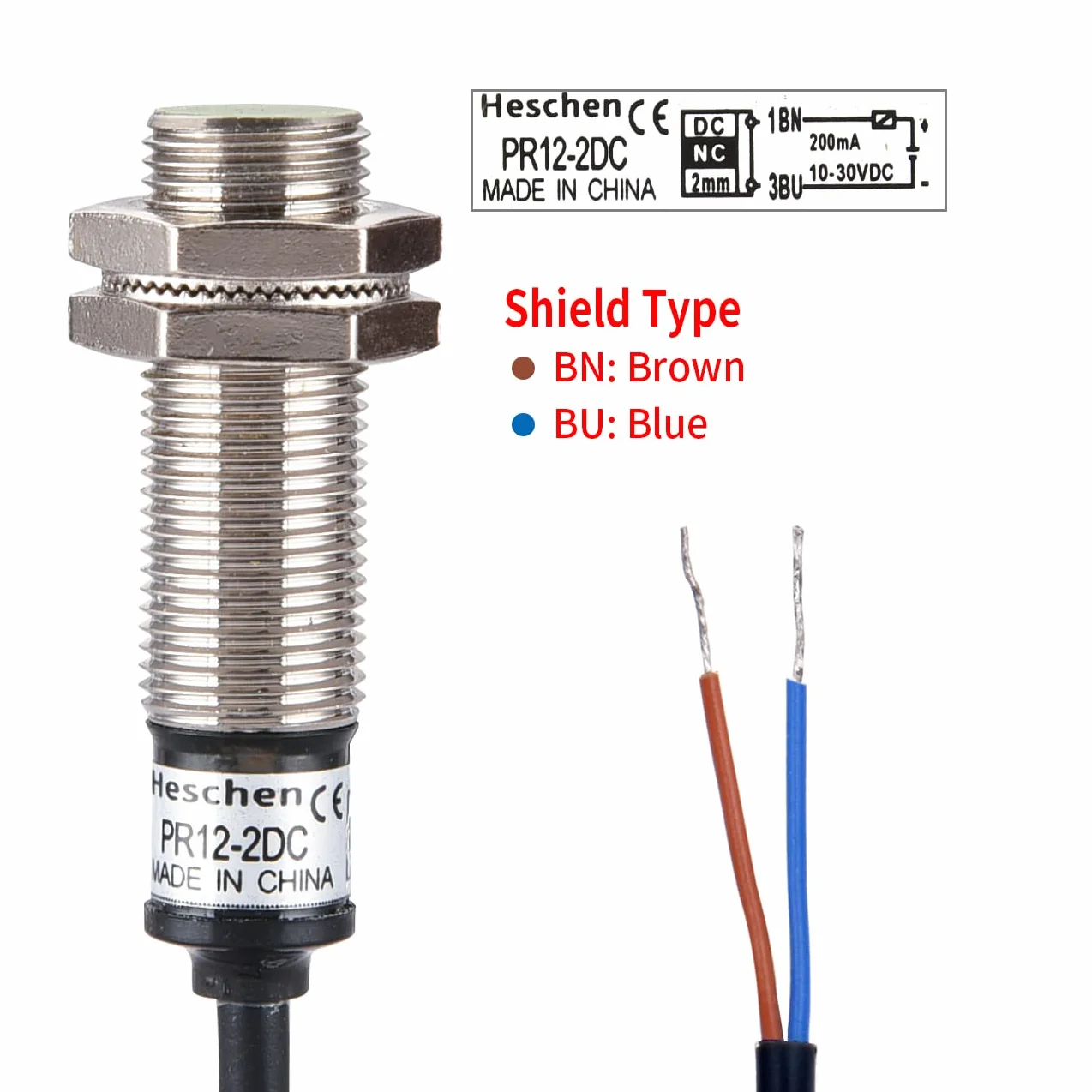 Heschen PR12-2DC, M12, 2 mm, indukcyjny czujnik zbliżeniowy PR12-24 V DC, normalnie zamknięty, CE, czujnik ruchu, mosiądz (niklowany), IP67