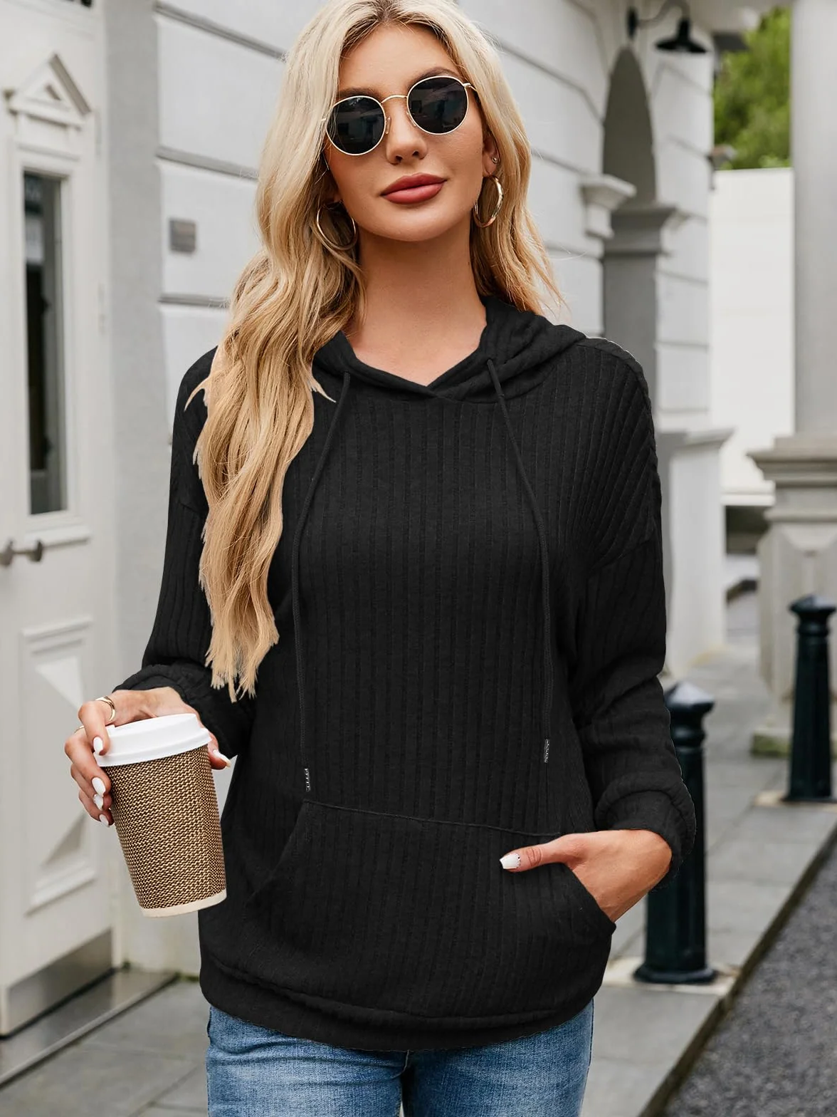 Decorie Elegancka bluza damska z kapturem, sweter zimowy z długim rękawem
