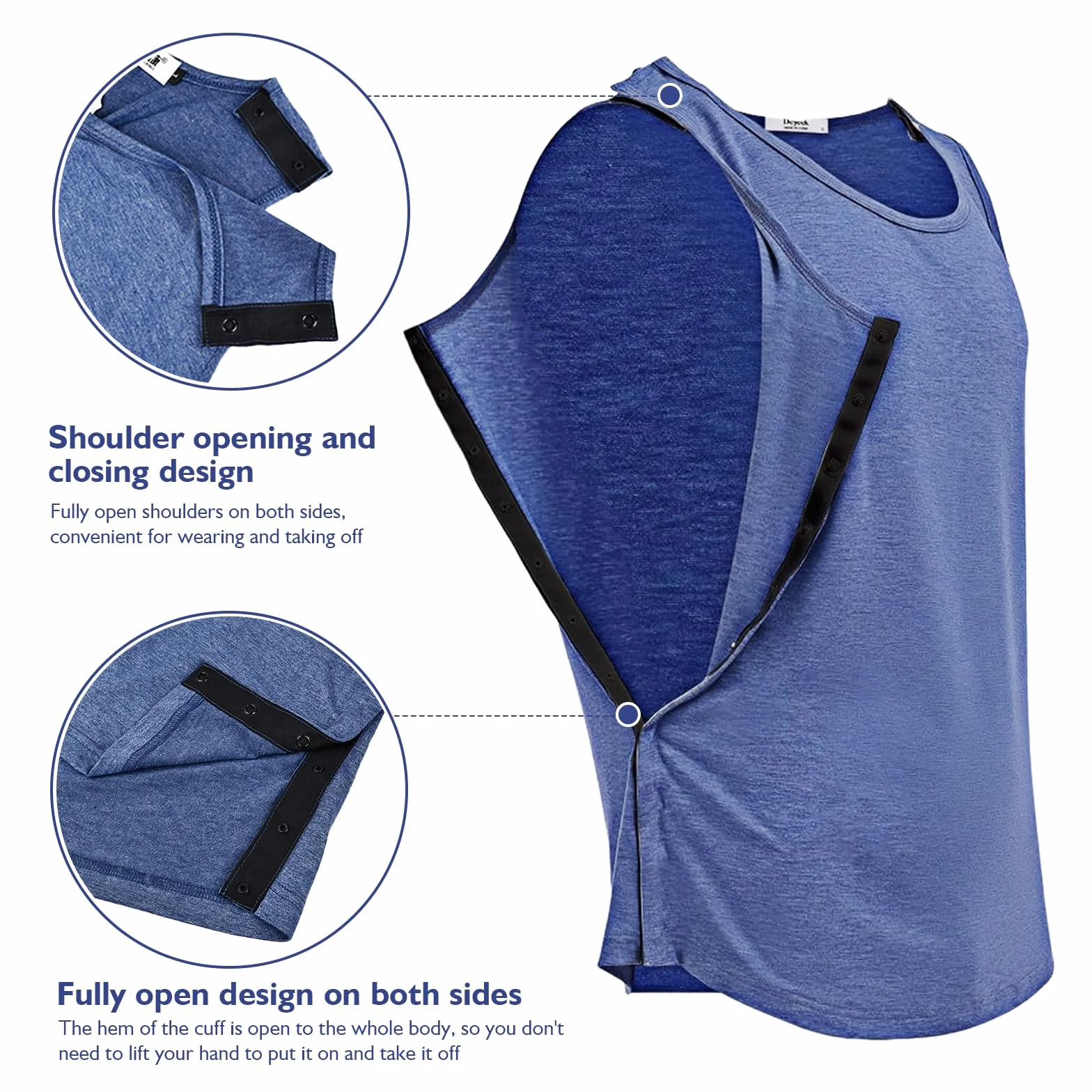 Dokeno Koszulka Snap Open Tearaway Tanktop, koszulka unisex po operacjach na ramionach, z zapięciem zatrzaskowym, koszulka bez rękawów, wygodna i szybka