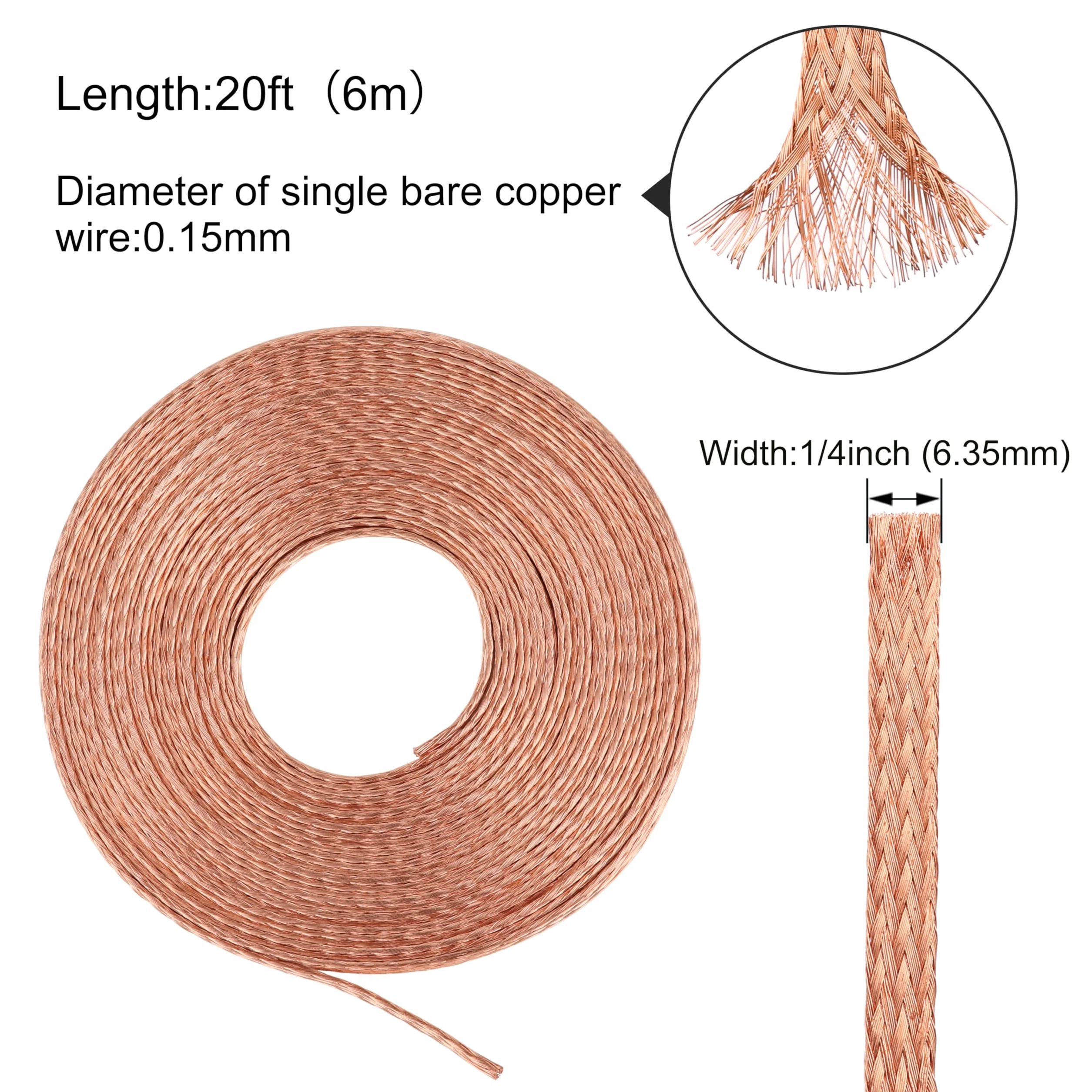 Płaski kabel miedziany, 6 m / 20 m, goły drut miedziany pleciony 6 mm, pleciona siatka, płaski miedziany kabel uziemiający 2,5 mm² do uziemienia