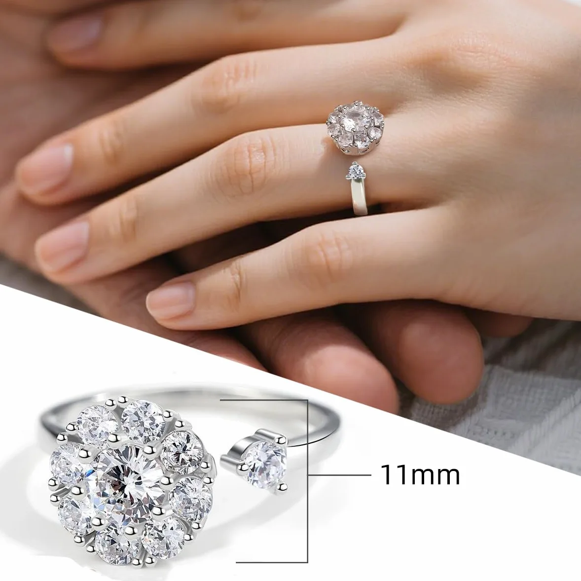 Pierścionek z moissanitem dla kobiet, diament lab-created 1,5CT, srebro 925 pokryte 18K białym złotem, regulowany otwarty pierścionek srebrny, pierścionek zaręczynowy, prezent biżuteryjny.