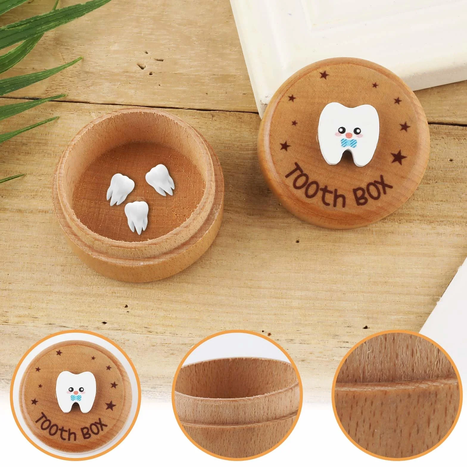 Drewniane Pudelko na Zeby, Tooth Box Sliczne 3D Bialy Zab Obraz Animowany Pojemnik Zeby Etui Nadrukiem Gwiazdki Przechowywania Upadlych Zebów dla Chlopca Dziewczyna Pamiatka Zebów