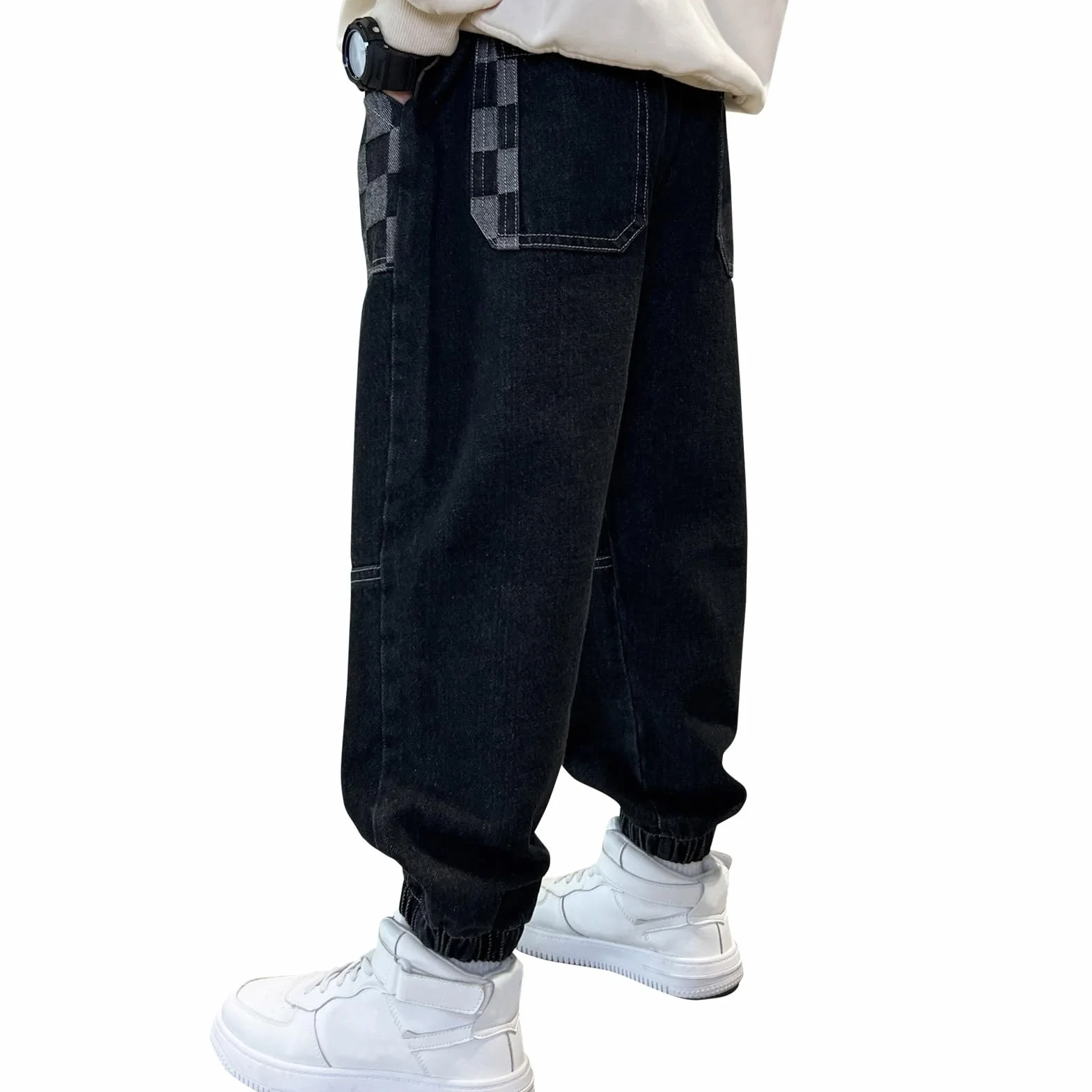 MEILONGER Baggy Jeans chłopięce dziecięce elastyczne spodnie ze stretchem w talii, modne spodnie jeansowe