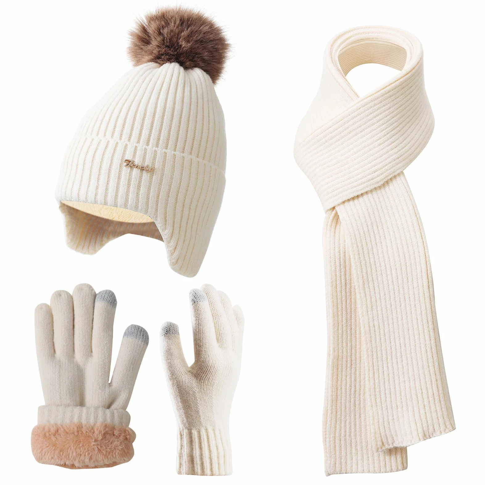 Zimowa czapka beanie szalik rękawiczki zestaw dla kobiet, klasyczna czapka z odpinanym pomponem długi szalik rękawiczki do ekranu dotykowego zestaw 3 w 1