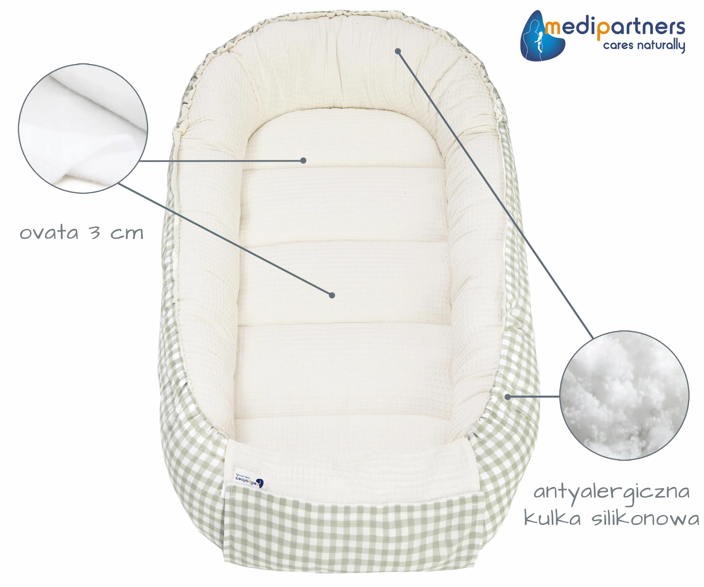 Dwustronny Kokon dla niemowląt 100% Bawełna Wafel 100x60x15cm Antyalergiczne wypełnienie Medi Partners Bezpieczne zapięcie (Kratka z oliwkowym Waflem)