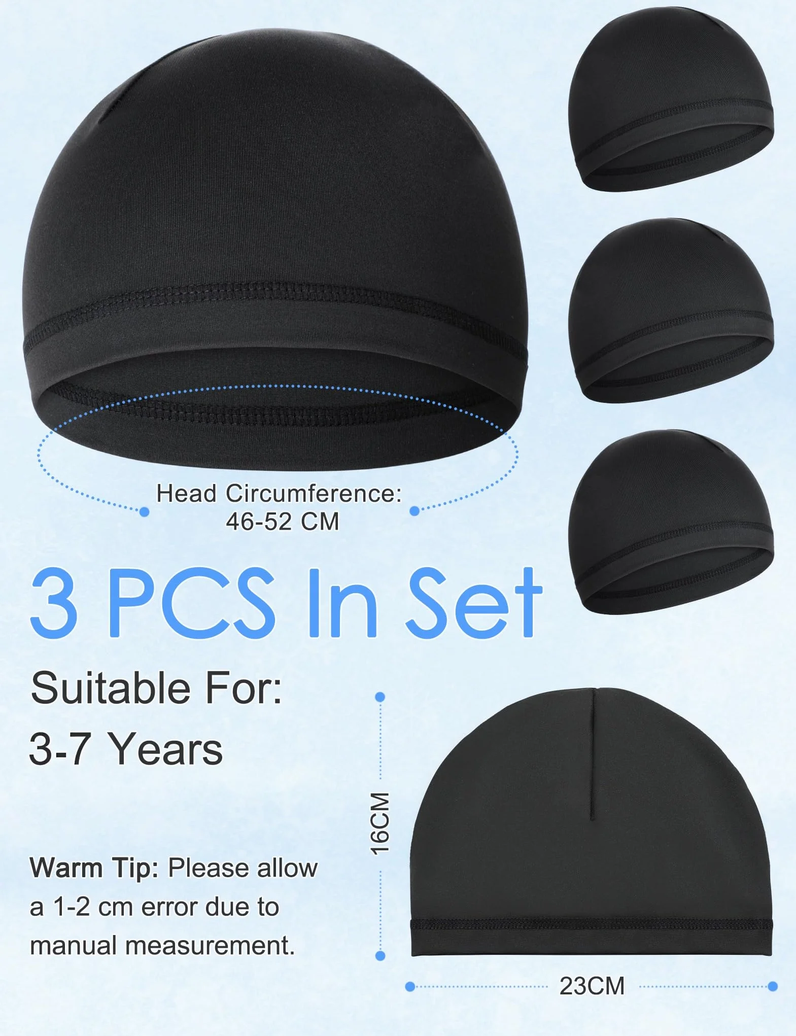 Becellen 3 szt. Letnia czapka dla dzieci, lodowy jedwab czapka rowerowa czarna elastyczna czapka rowerowa oddychająca unisex czapka beanie dla chłopców i dziewcząt, Czarny (Black), rozmiar uniwersalny