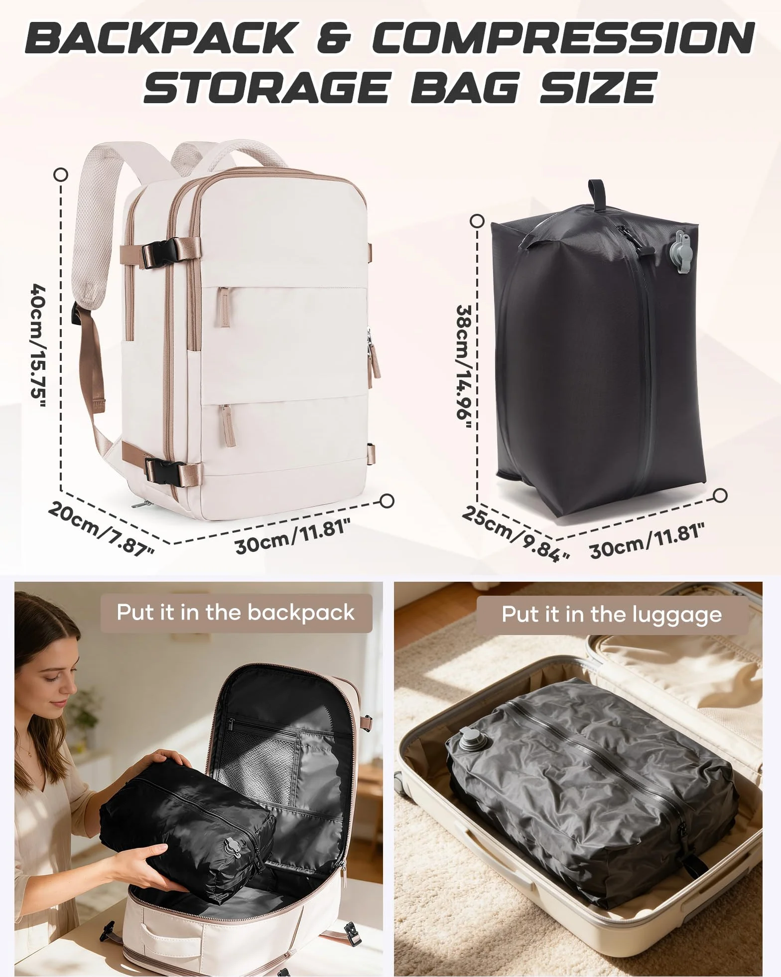 Plecak próżniowy z pompką,plecak podręczny 40x30x20 dla Ryanair,plecak podróżny,bagaż podręczny pod siedzeniem,torba weekendowa,plecak turystyczny,codzienny plecak,H02-Beżowy Brązowy