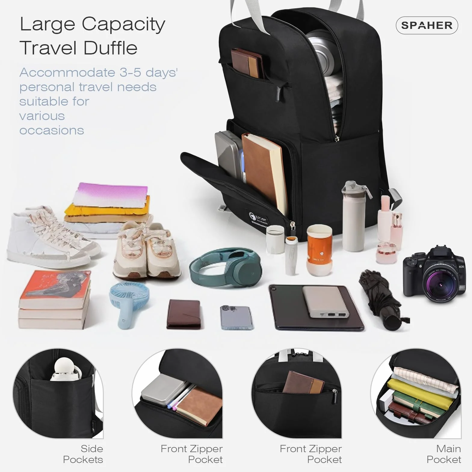 SPAHER Ultralekki Składany Plecak Podróżny 40x20x25cm Ryanair 20L Mały Plecak Kabinowy Samolotem Pod Siedzeniem Plecak Laptopa 14 Calowy dla Uniwersytecki Mężczyzn Kobiety， Czarny