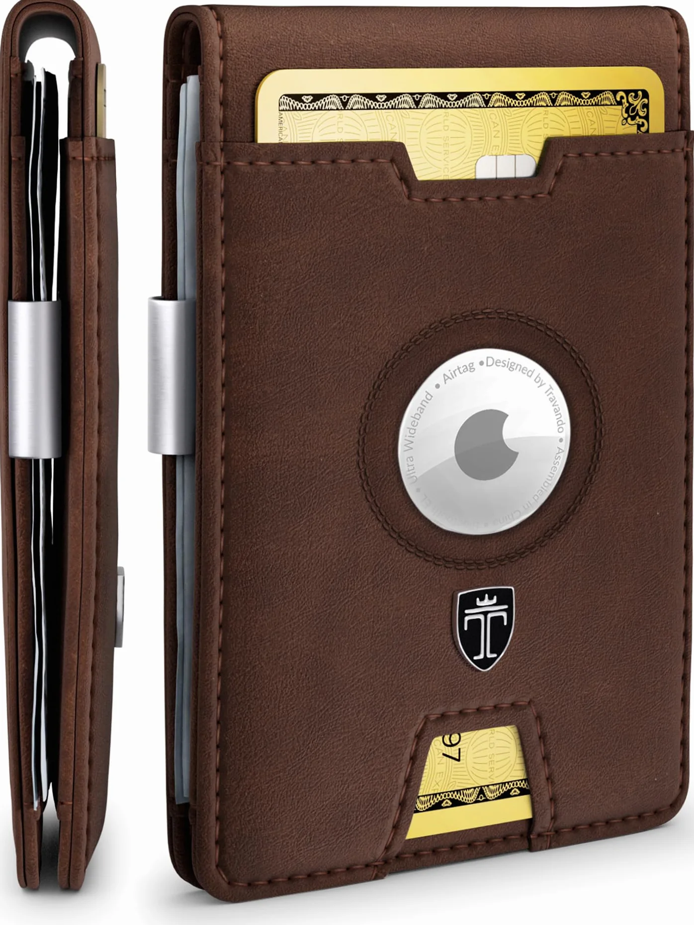 TRAVANDO AirTag * portfel męski z klipsem na pieniądze, etui na karty, blokowanie RFID, prezenty dla mężczyzn, vintage, brązowy, portfel na pieniądze