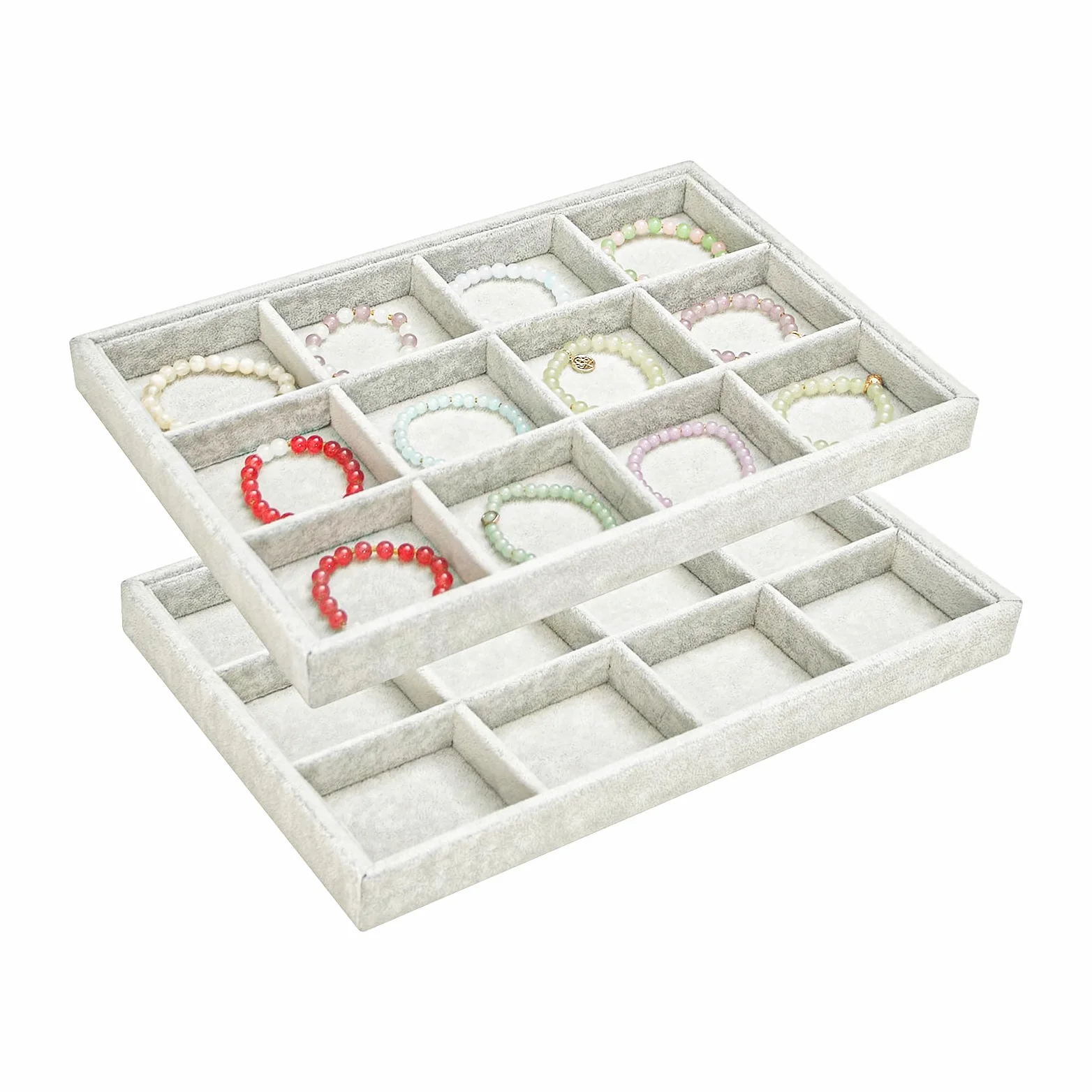 Aksamitna taca na biżuterię, z możliwością układania w stos, 12 przegródek, duże etui do przechowywania bransoletek, koralików, organizer na biżuterię, do domowej szuflady lub sklepu (lodowy