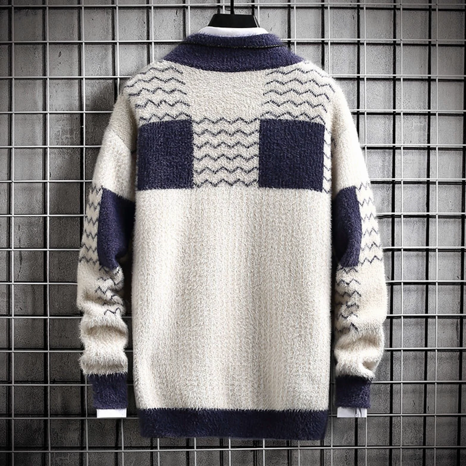 Wąski sweter męski sweter z golfem jesień/zima moda kontrastowy kolor ciepły długi rękaw miękki dzianinowy